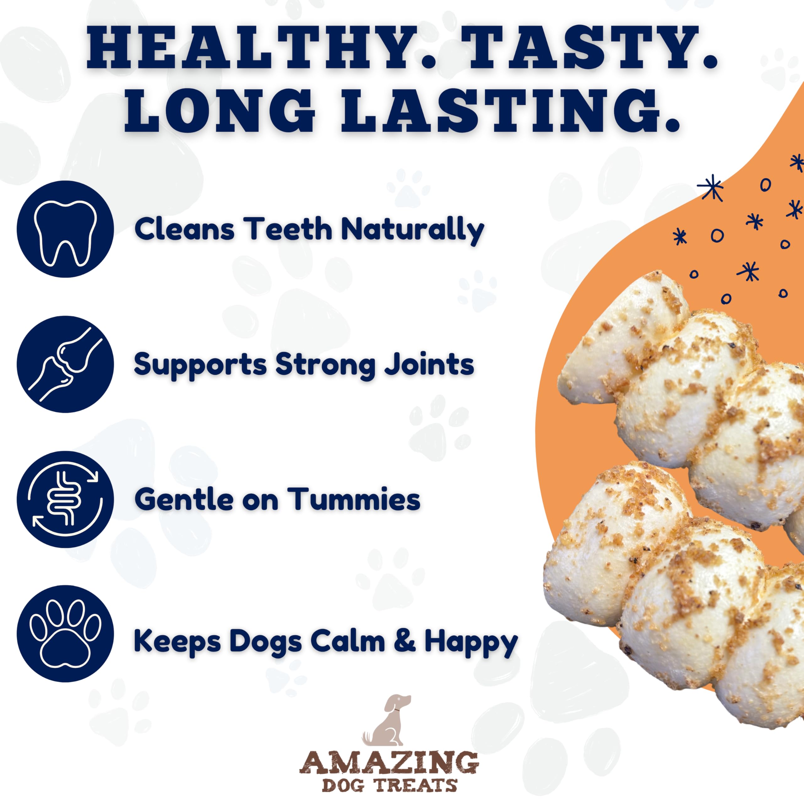 Amazing Dog Treats, masticando rollos de res que cuidan la salud dental.