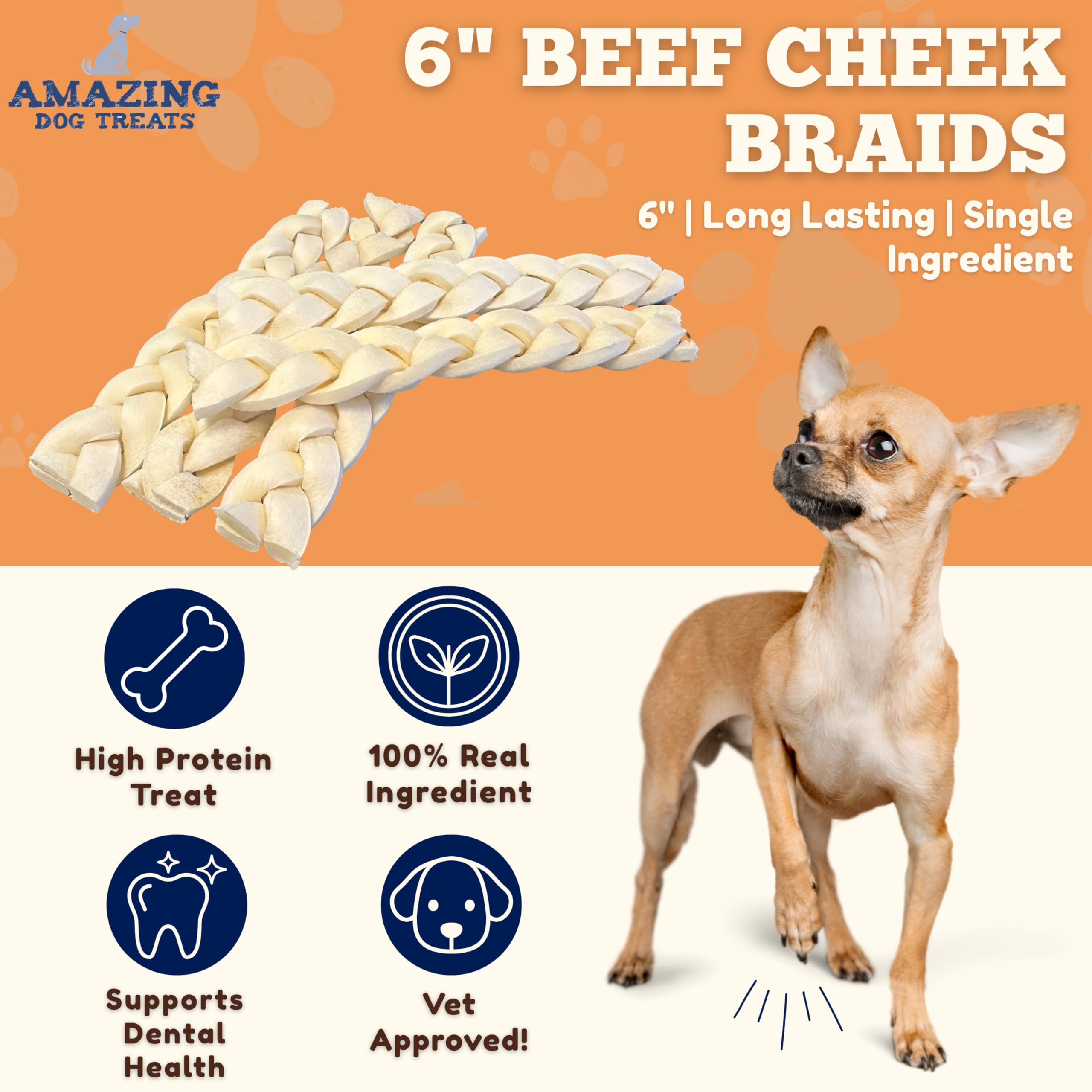 Amazing Dog Treats paquete de 15 trenzas de cachete de res como snack proteico para perros activos.