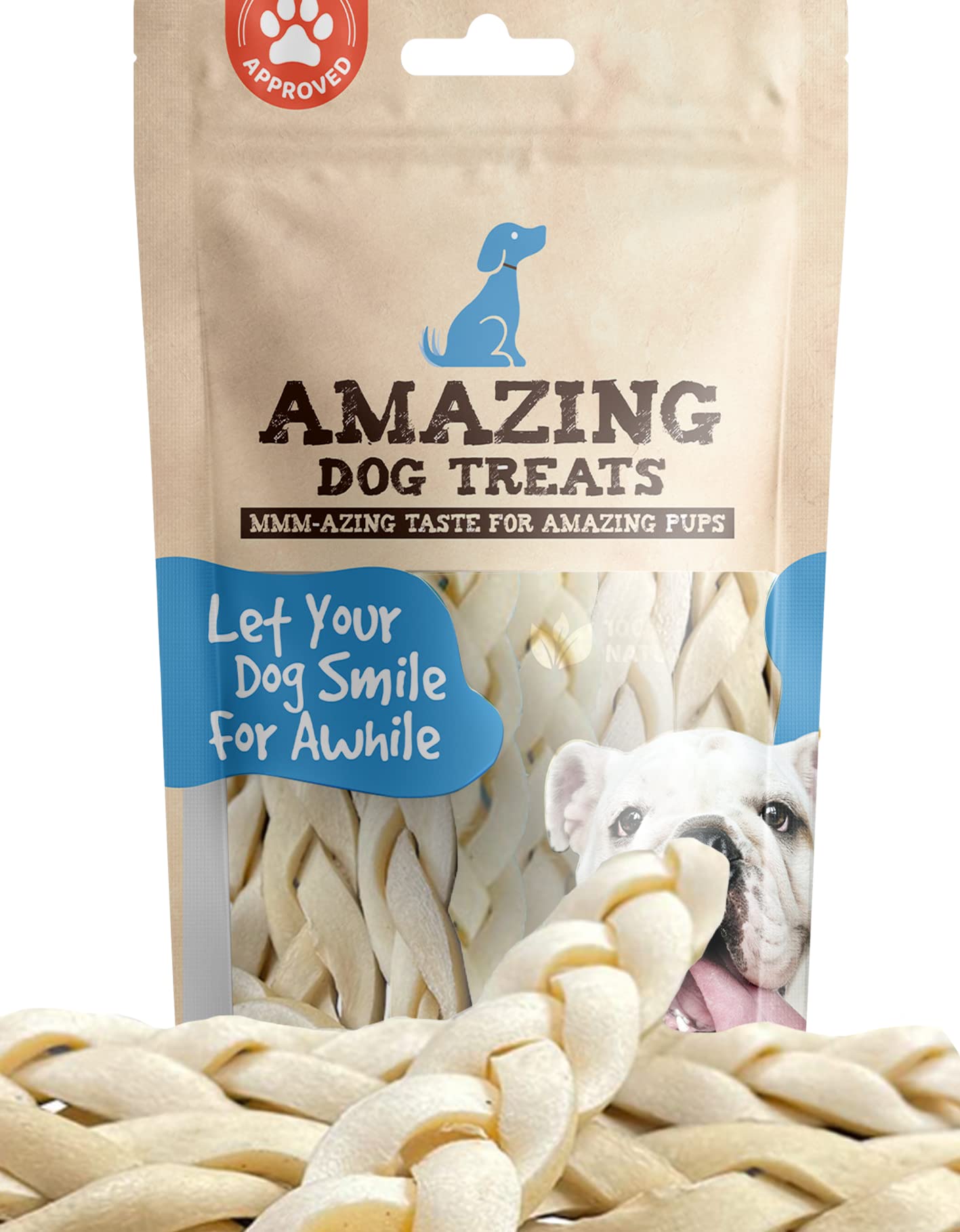 Amazing Dog Treats trenzas de cachete de res de 6 pulgadas para masticación y limpieza dental suave.