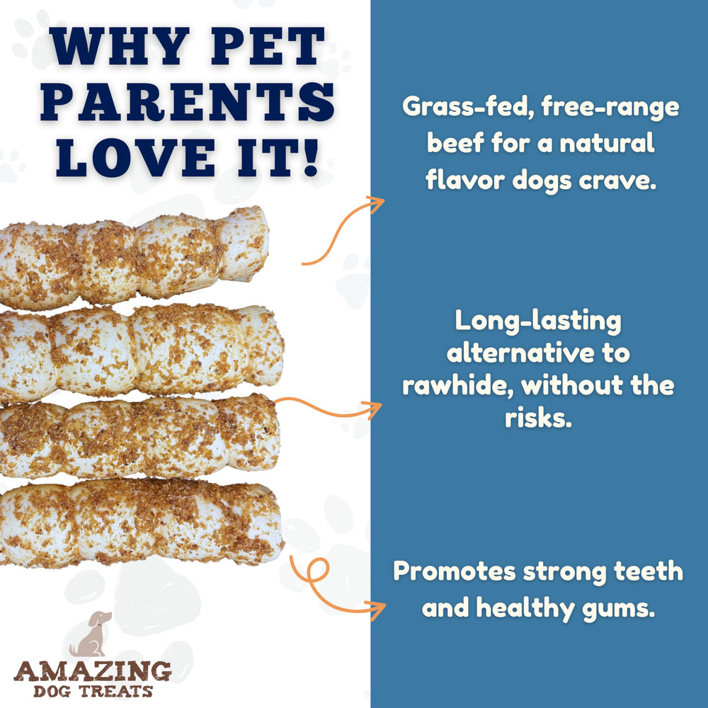 Amazing Dog Treats, rollos de mejilla de res para perros potentes y activos.