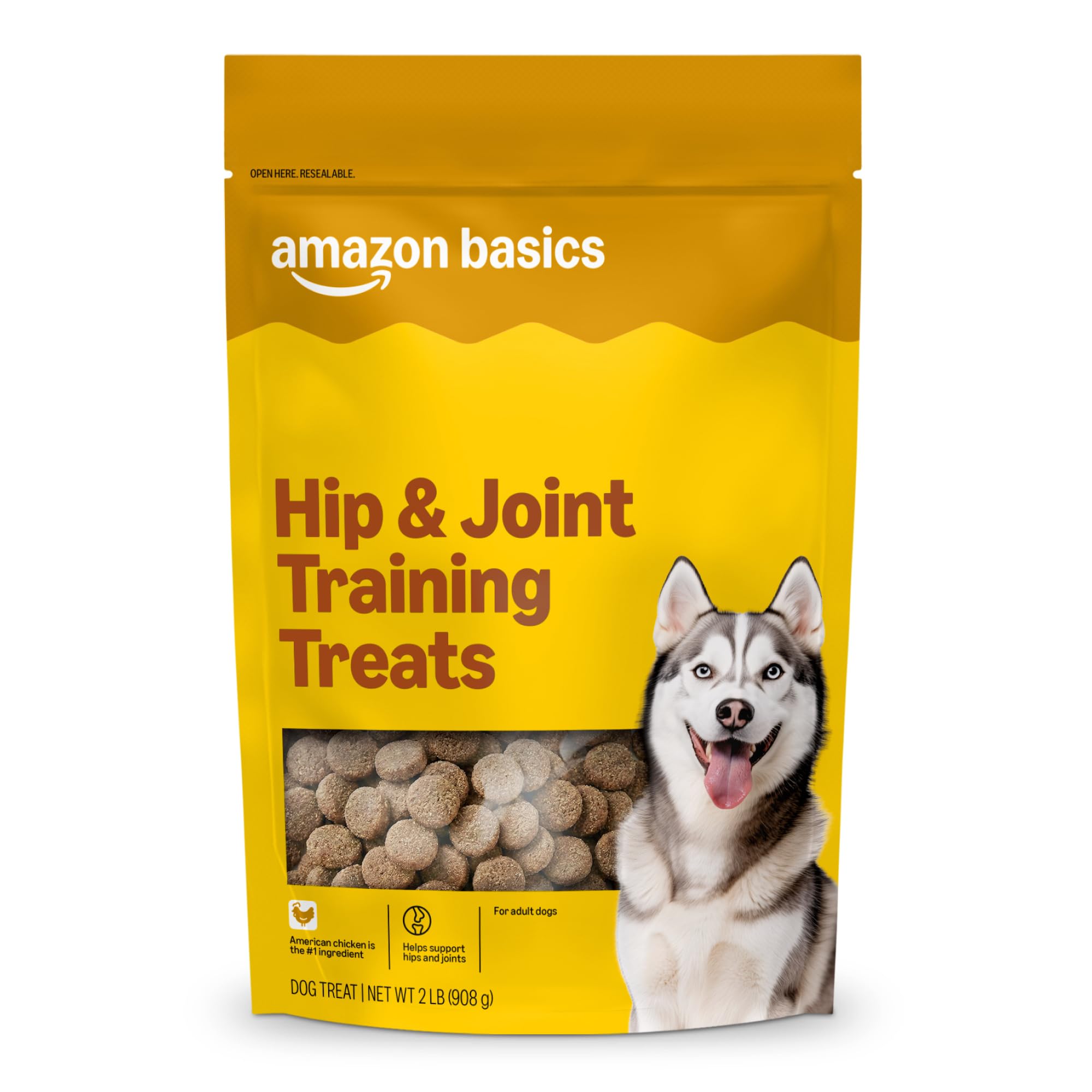 Amazon Basics frente de la bolsa de premios para perros, ideal para recompensas de entrenamiento.