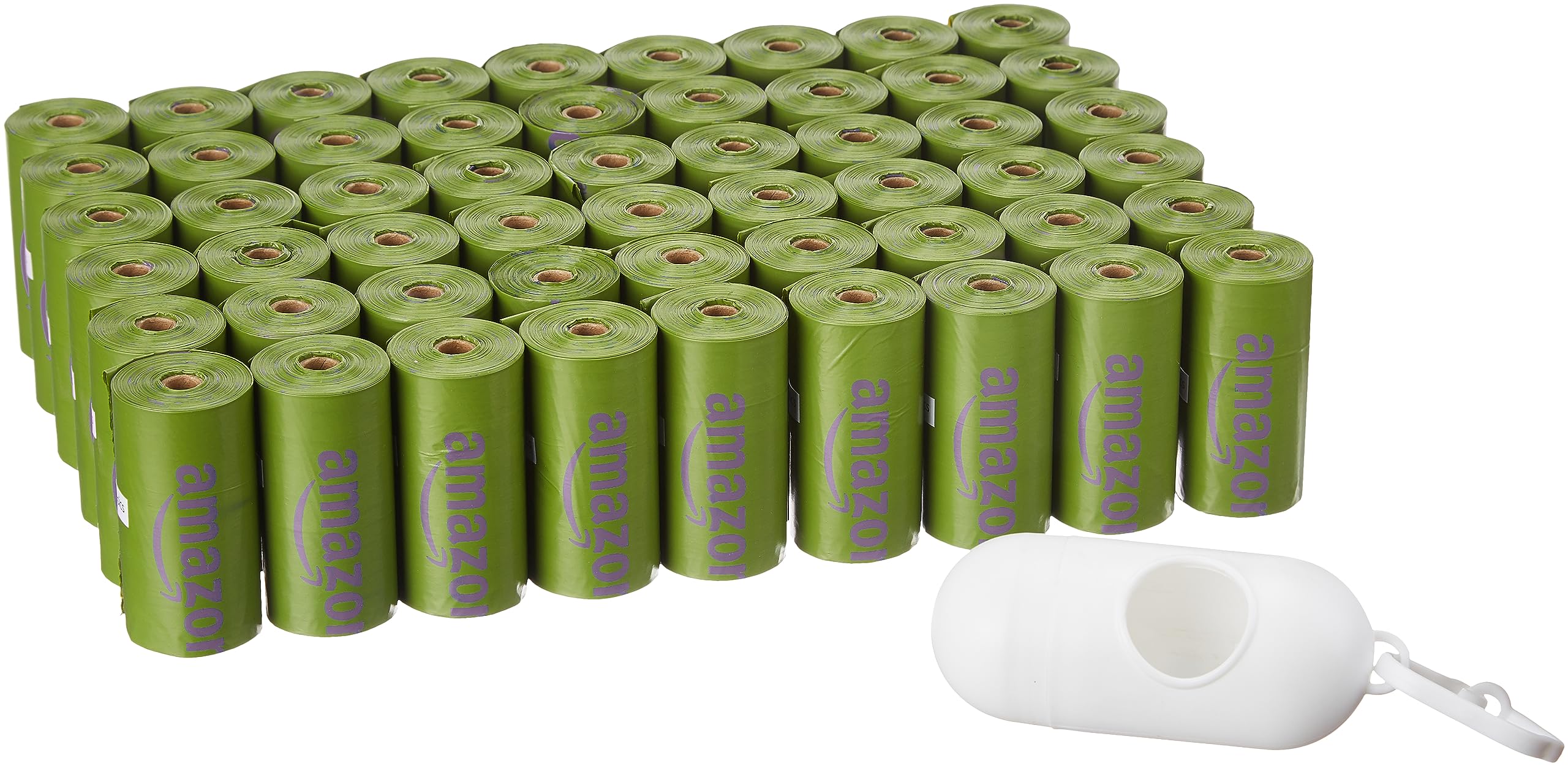 Bolsas para caca de perro de Amazon Basics con fragancia a lavanda y dispensador.