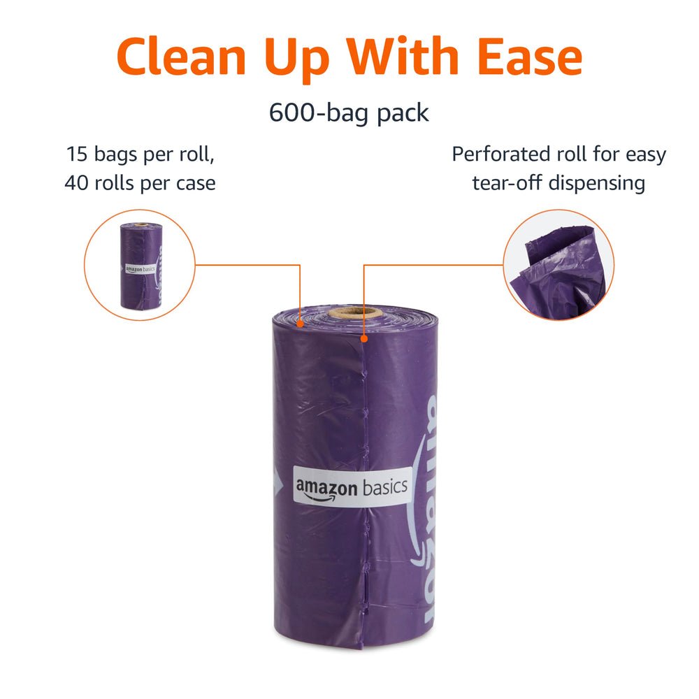 Amazon Basics bolsas para perros con rodillo perforado, dispensación fácil y rápida.