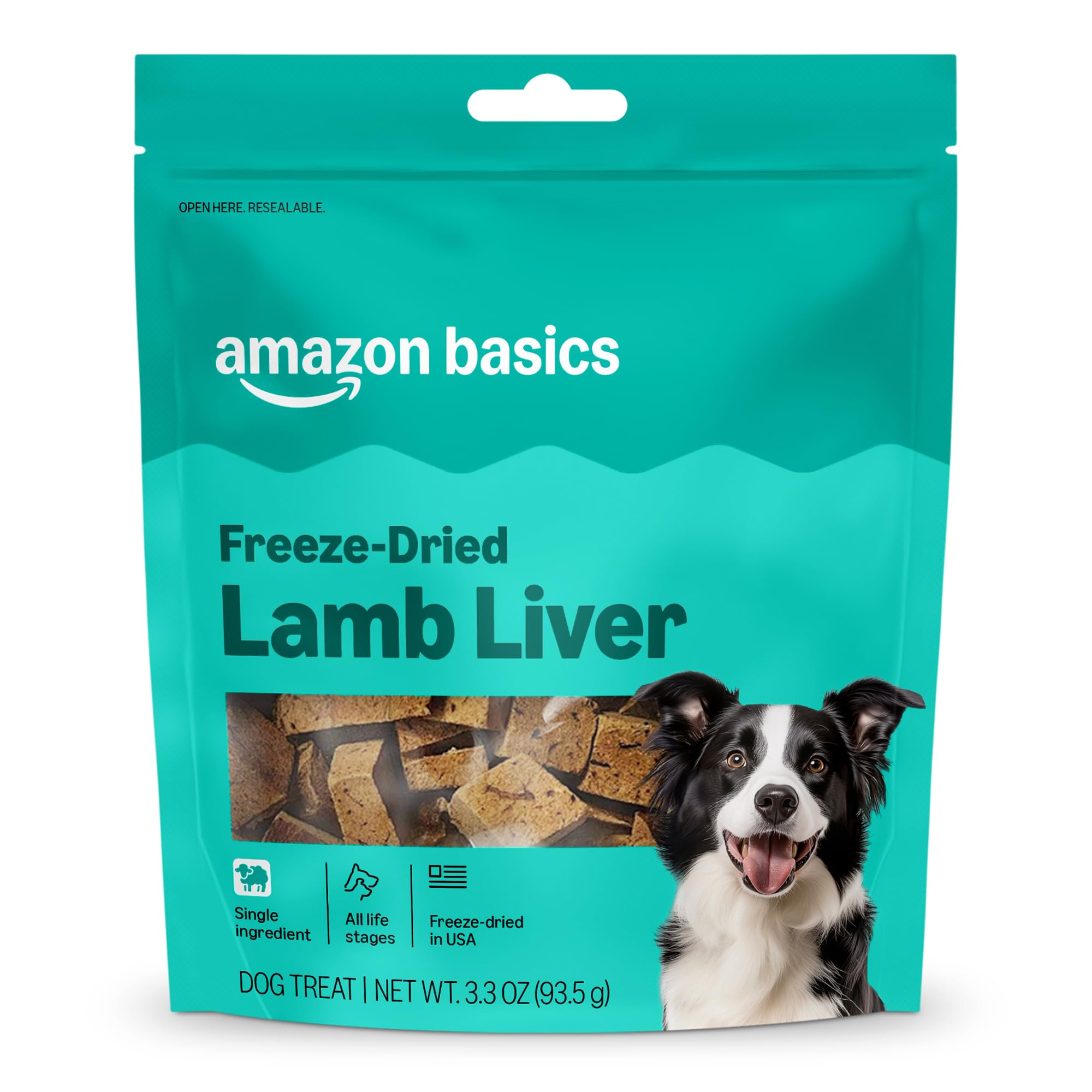 Amazon Basics hígado de cordero liofilizado en empaque, ideal para recompensas.