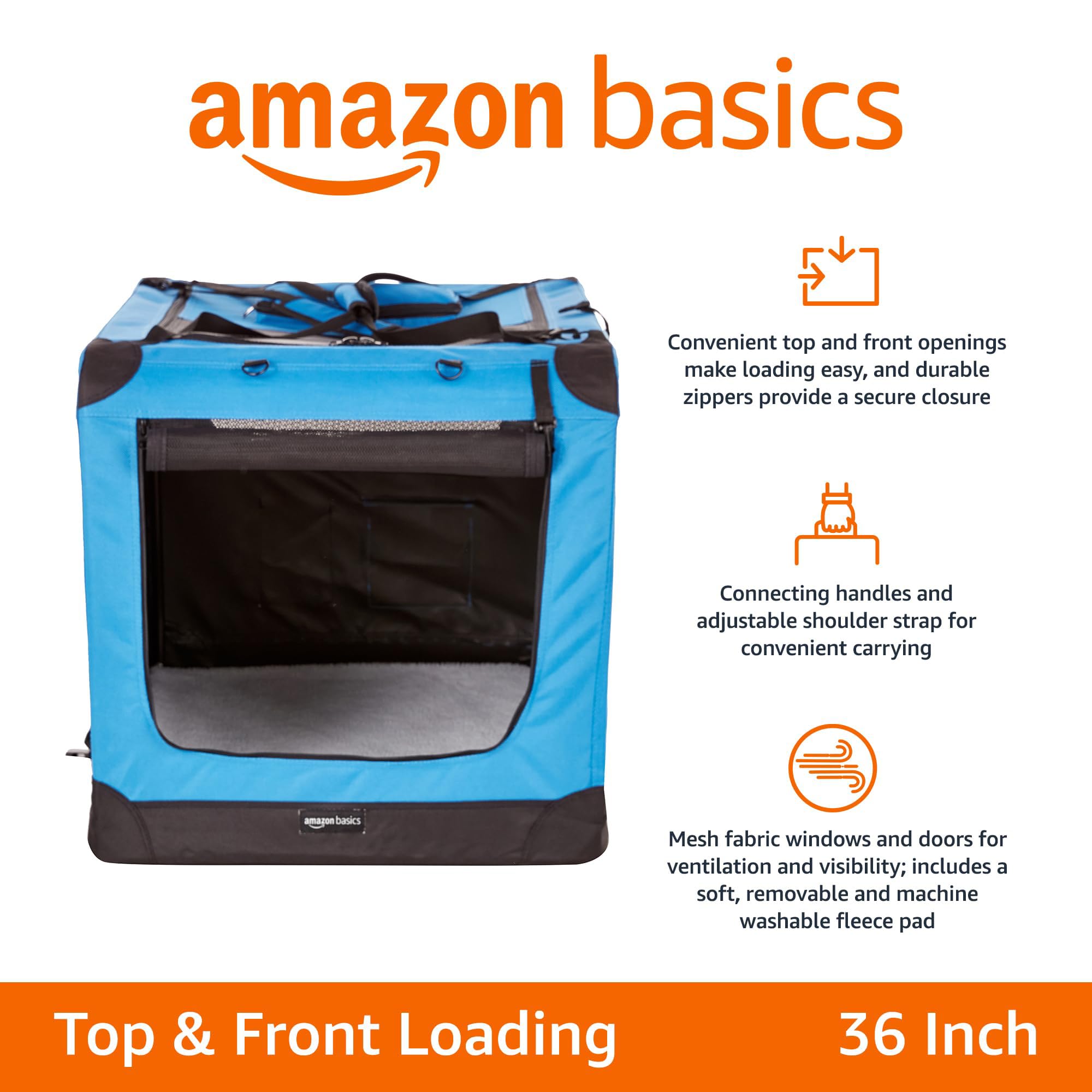 Amazon Basics jaula para perros plegable azul con ventilación en paneles para mejor circulación.