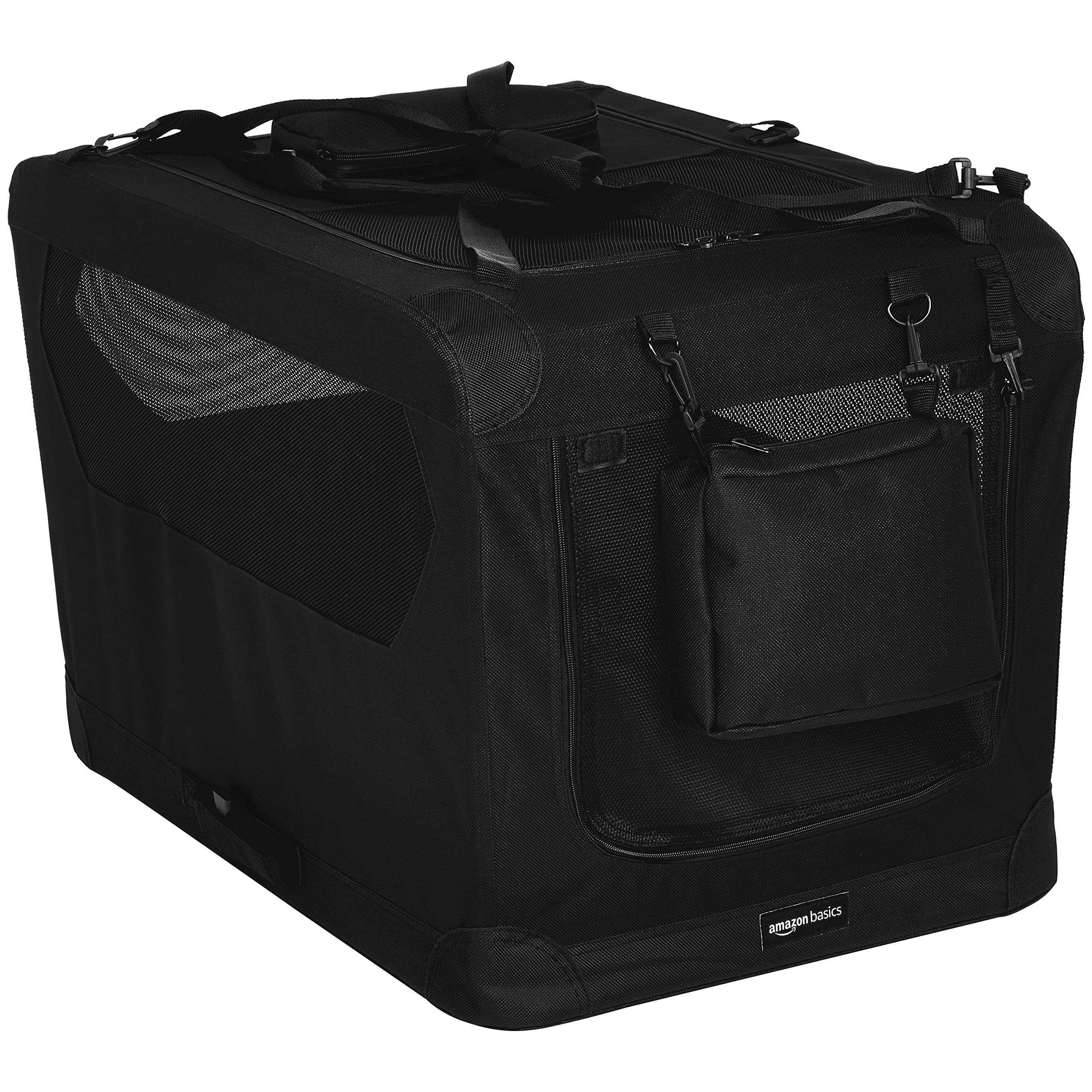 Amazon Basics jaula suave para perros, vista frontal con apertura práctica.