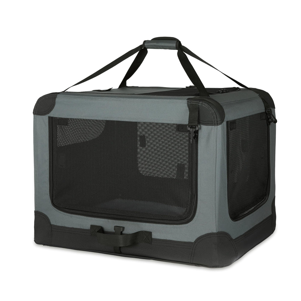 Amazon Basics jaula transportín plegable con cuatro puertas, ideal para viajes con mascotas.
