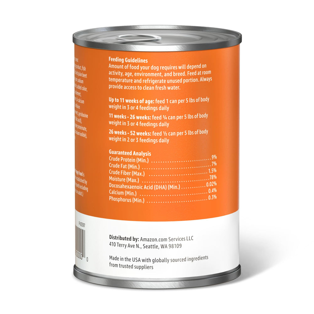 Pack of twelve cans of Amazon Basics puppy dinner