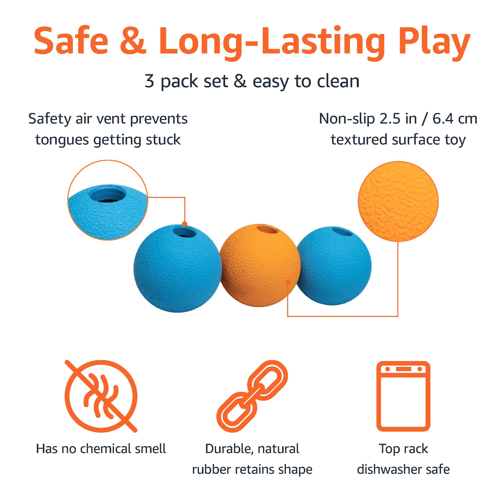 Pelota naranja Amazon Basics para perros, estimula la actividad física durante el juego.
