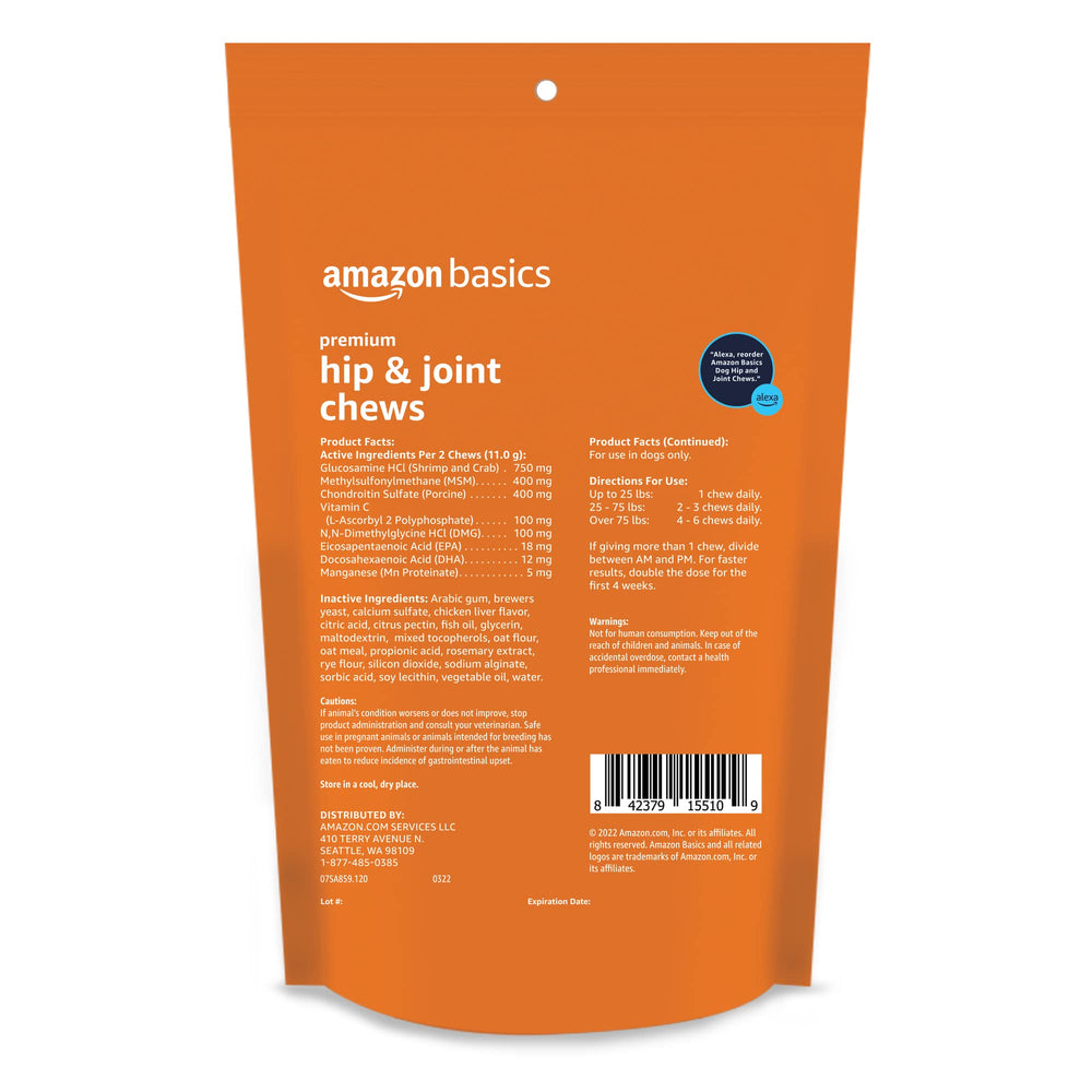Etiqueta nutricional de Amazon Basics Premium masticables para uso diario.