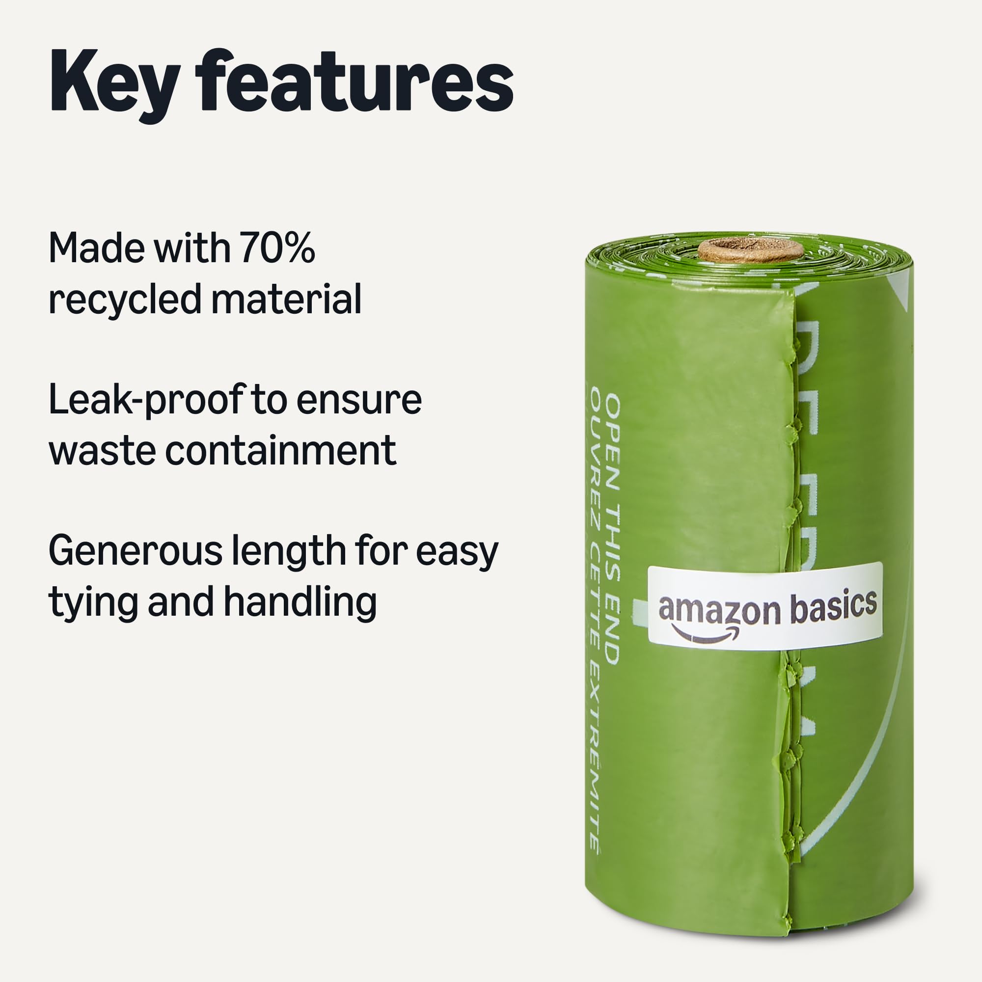 Rollos de bolsas para perros Amazon Basics, a prueba de fugas para residuos limpios.
