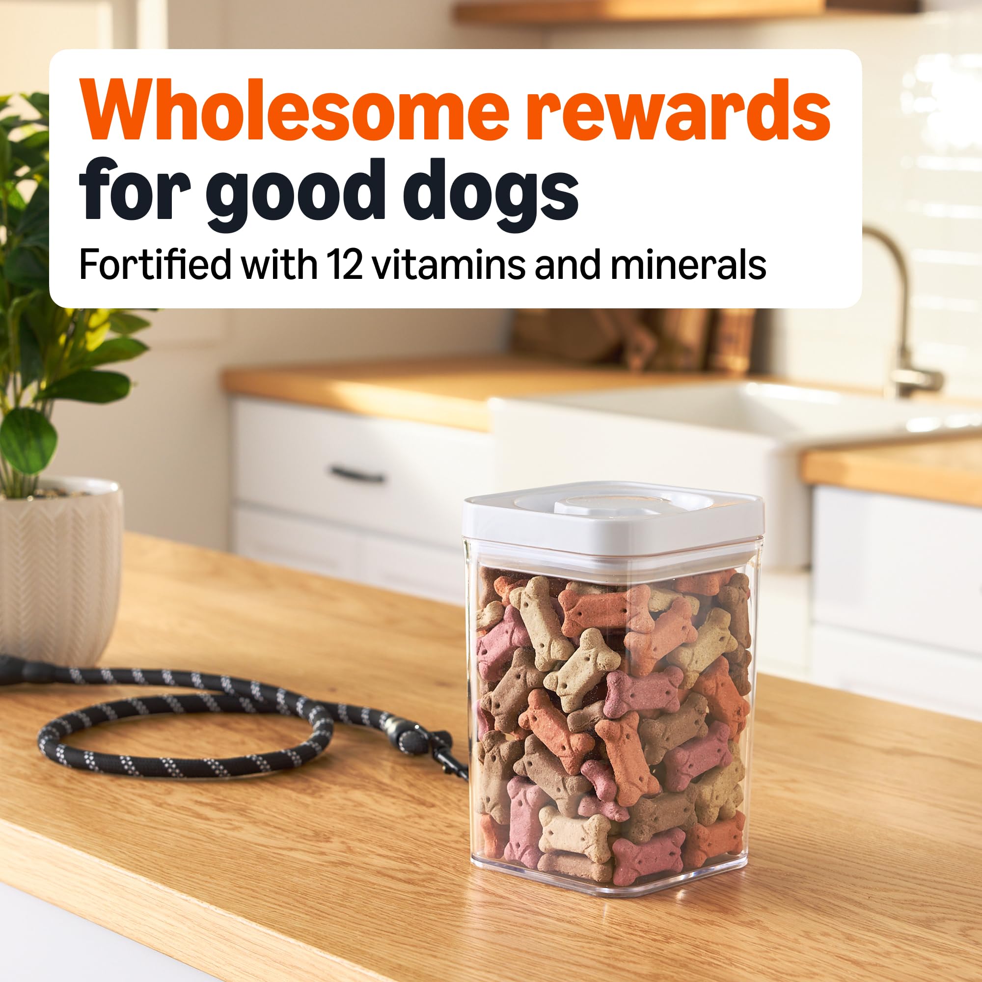 Amazon Basics sabores variados en galletas para perros, recompensa sabrosa.