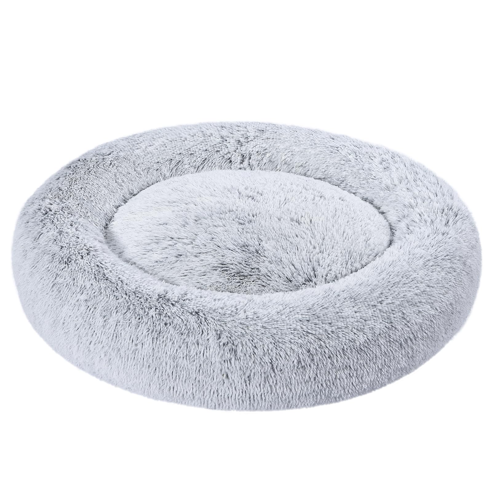 Cama dona de Amazon Basics con peluche exterior y funda removible para lavado fácil.