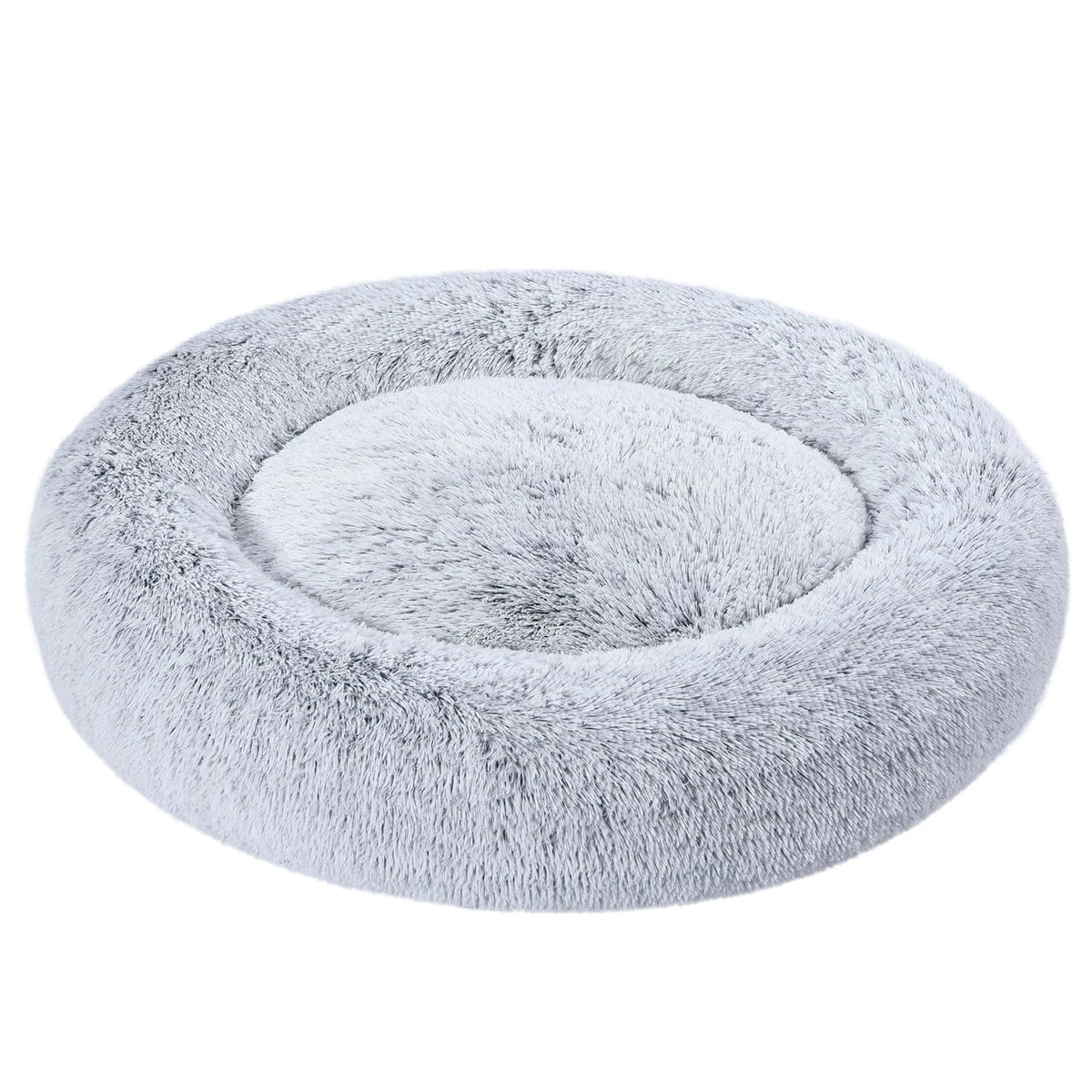 Cama dona de Amazon Basics con peluche exterior y funda removible para lavado fácil.