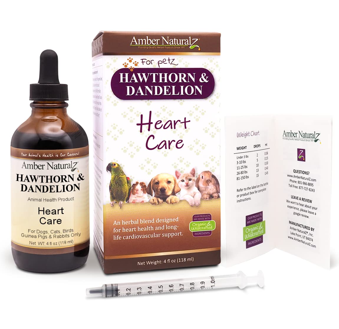 AMBER NATURALZ ingredientes hawthorn y diente de león para mascotas pequeñas.