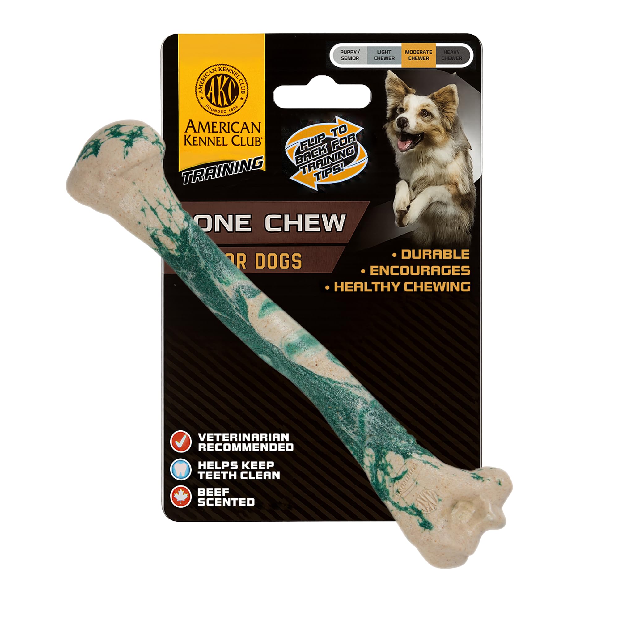 American Kennel Club: juguete hueso largo marmolado para entrenamiento y masticación controlada.