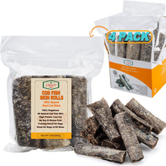 Amzey Cod Skin: empaque de 4 bolsas, masticables naturales para higiene dental de perros.