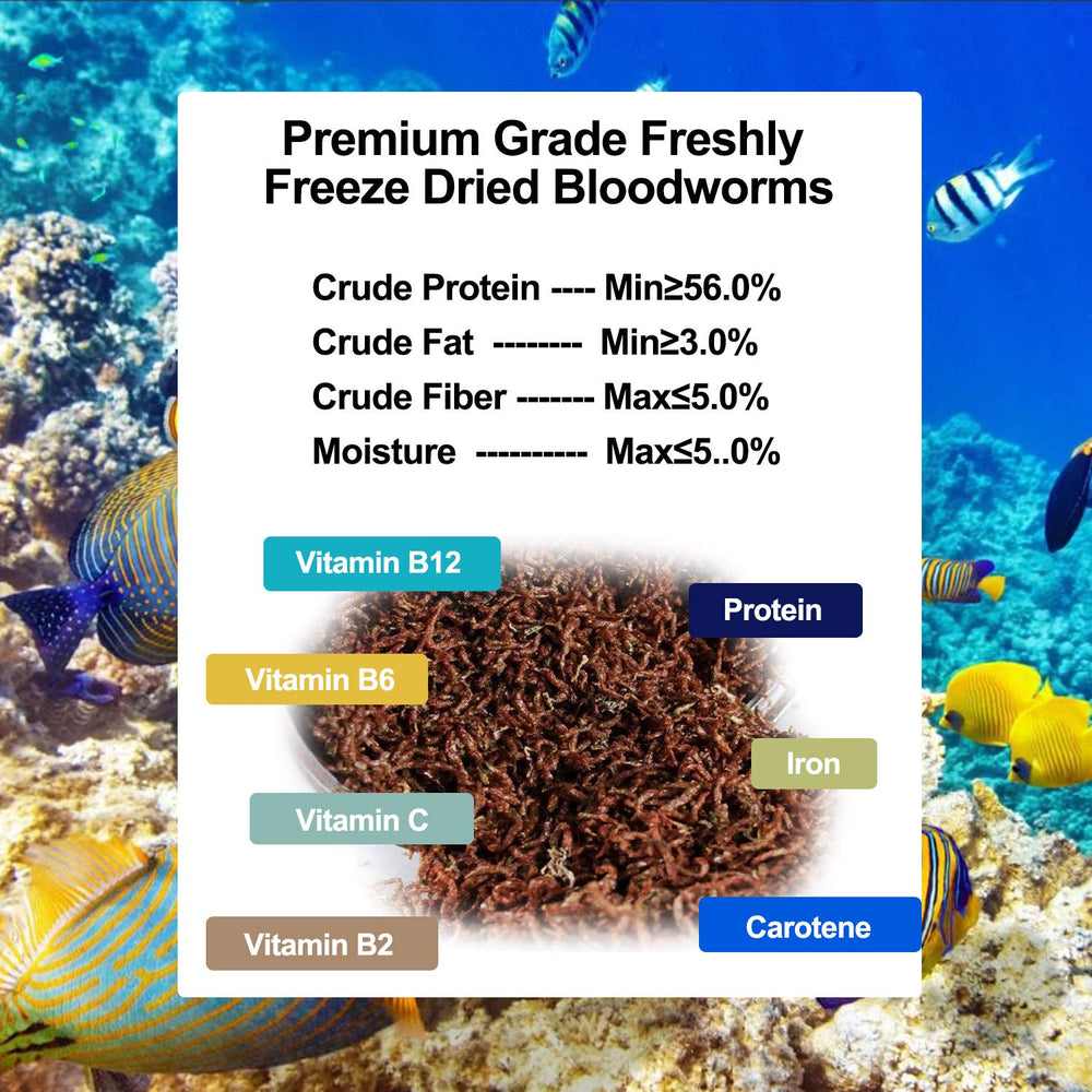 Amzey gusanos de sangre en empaque principal, alimento natural para acuario que apoya una dieta balanceada.