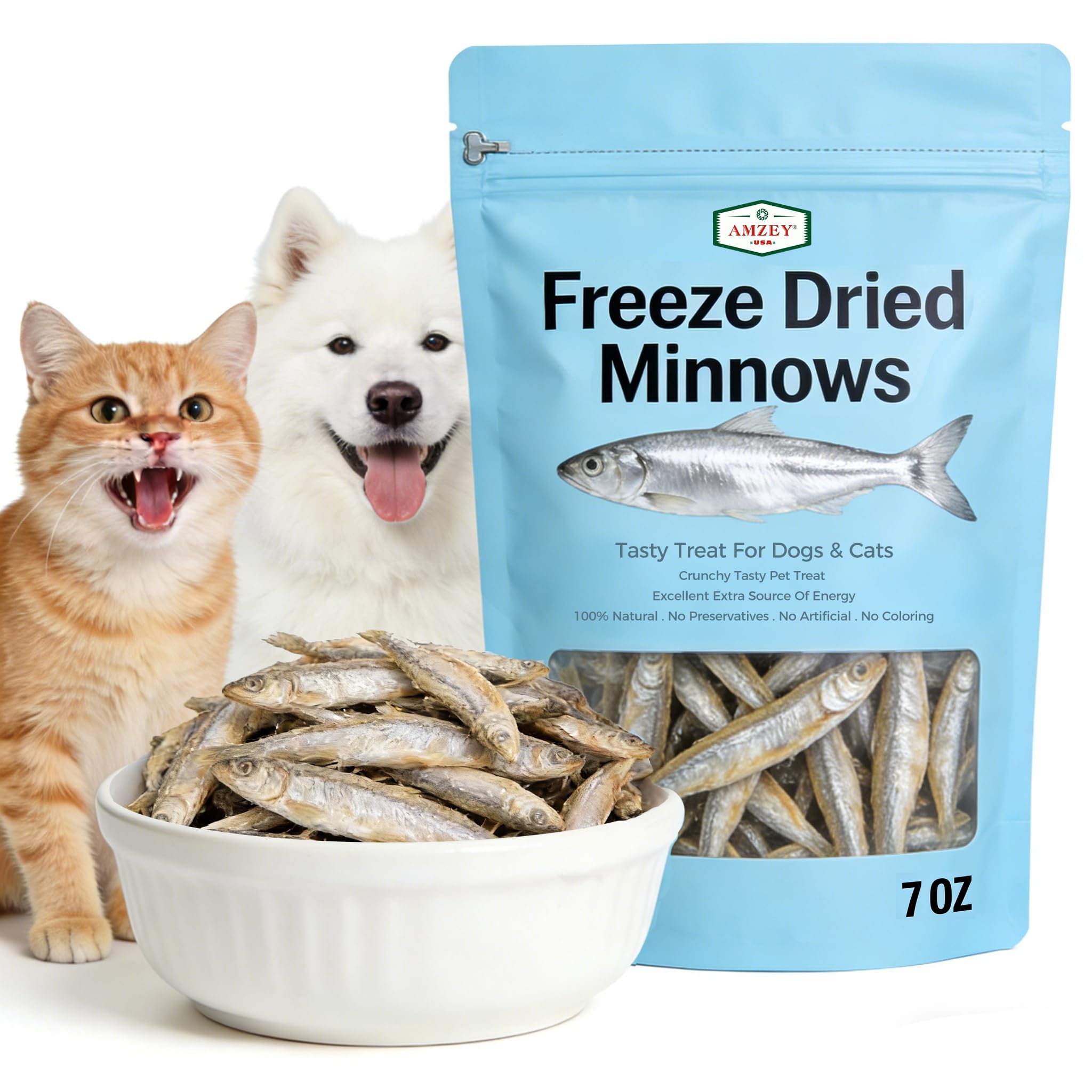 Amzey pececillos liofilizados 7oz en empaque de aluminio mantiene frescura.