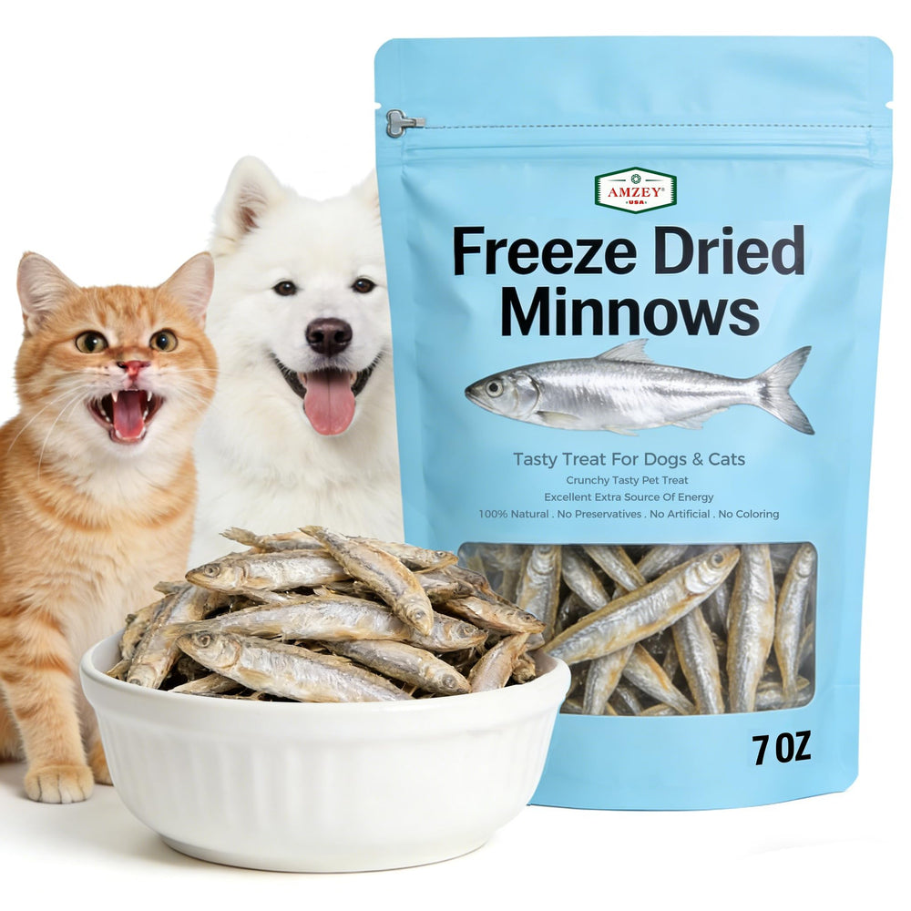 Amzey pececillos liofilizados 7oz en empaque de aluminio mantiene frescura.