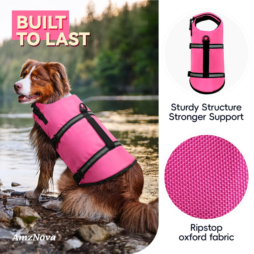 AMZNOVA chaleco para perro, vista trasera rosa, franjas reflectantes para mayor visibilidad.