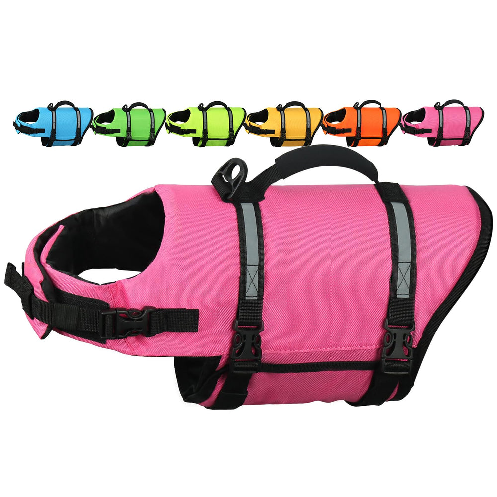 AMZNOVA chaleco salvavidas para perro, vista frontal rosa, flotación estable para nadar.
