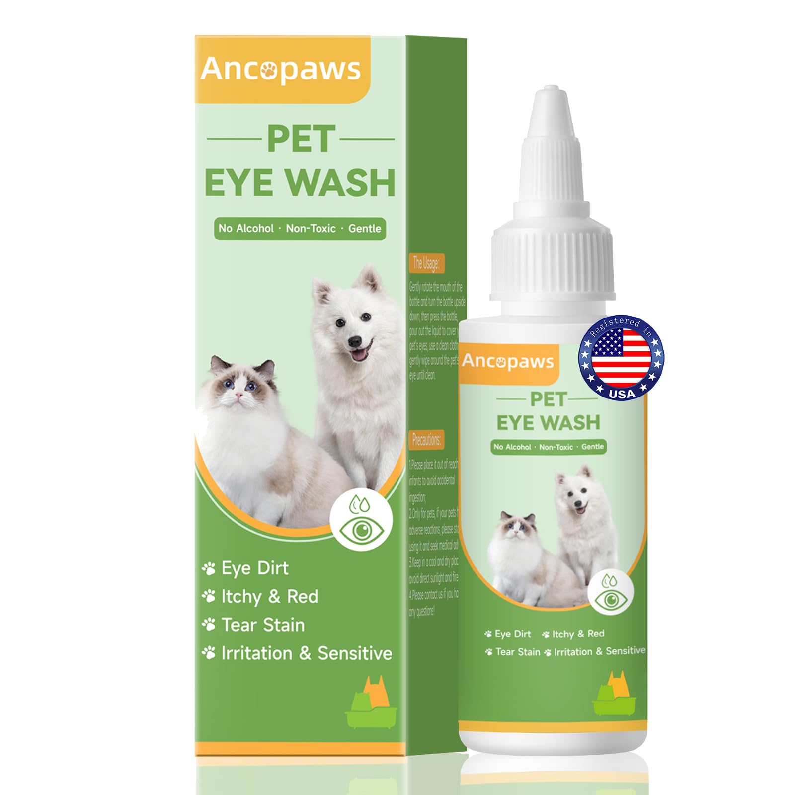 Gotas para ojos Ancopaws con giro de tapa para uso diario en perros y gatos.