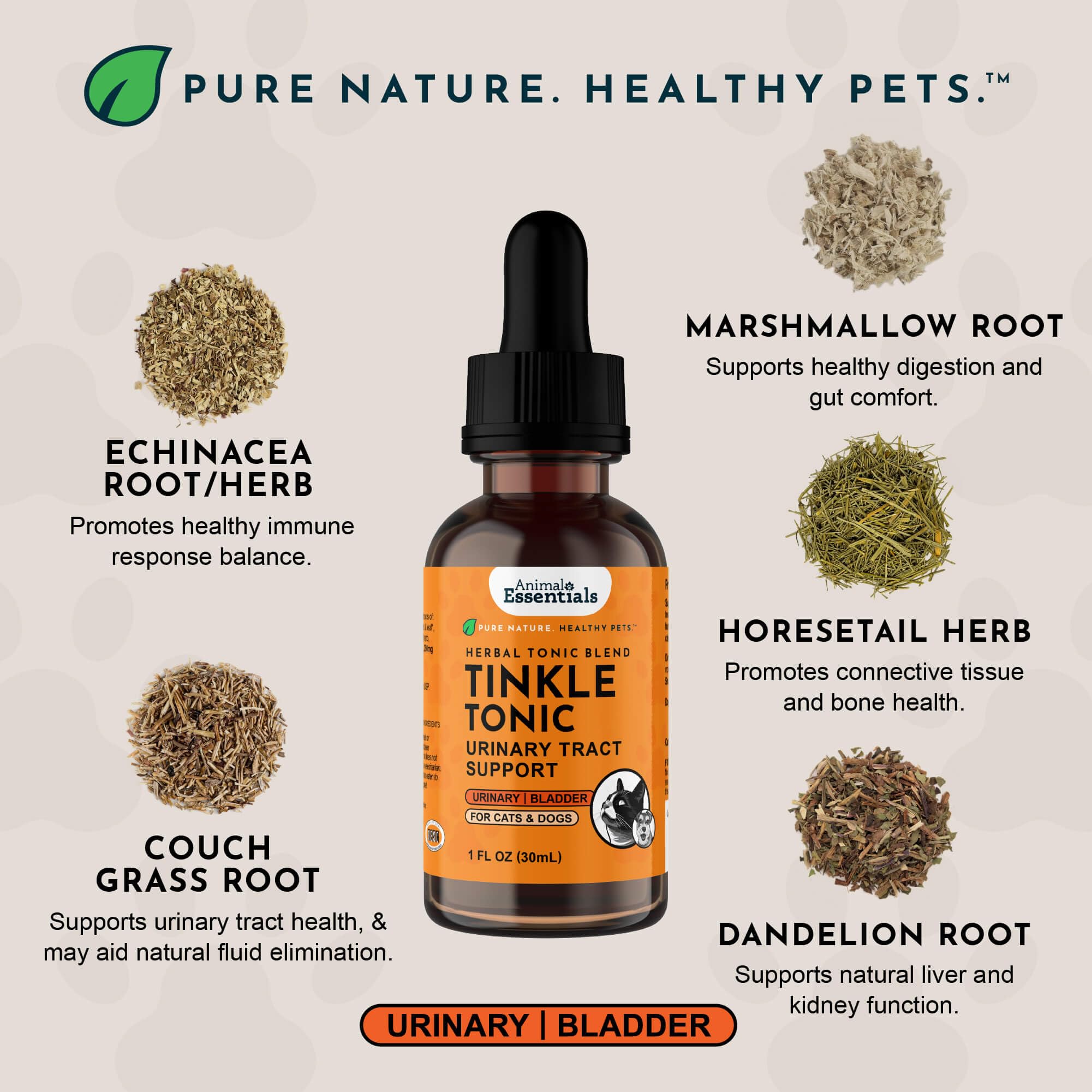 Animal Essentials Tinkle Tonic raíz de malvavisco, ingrediente calmante para mascotas.