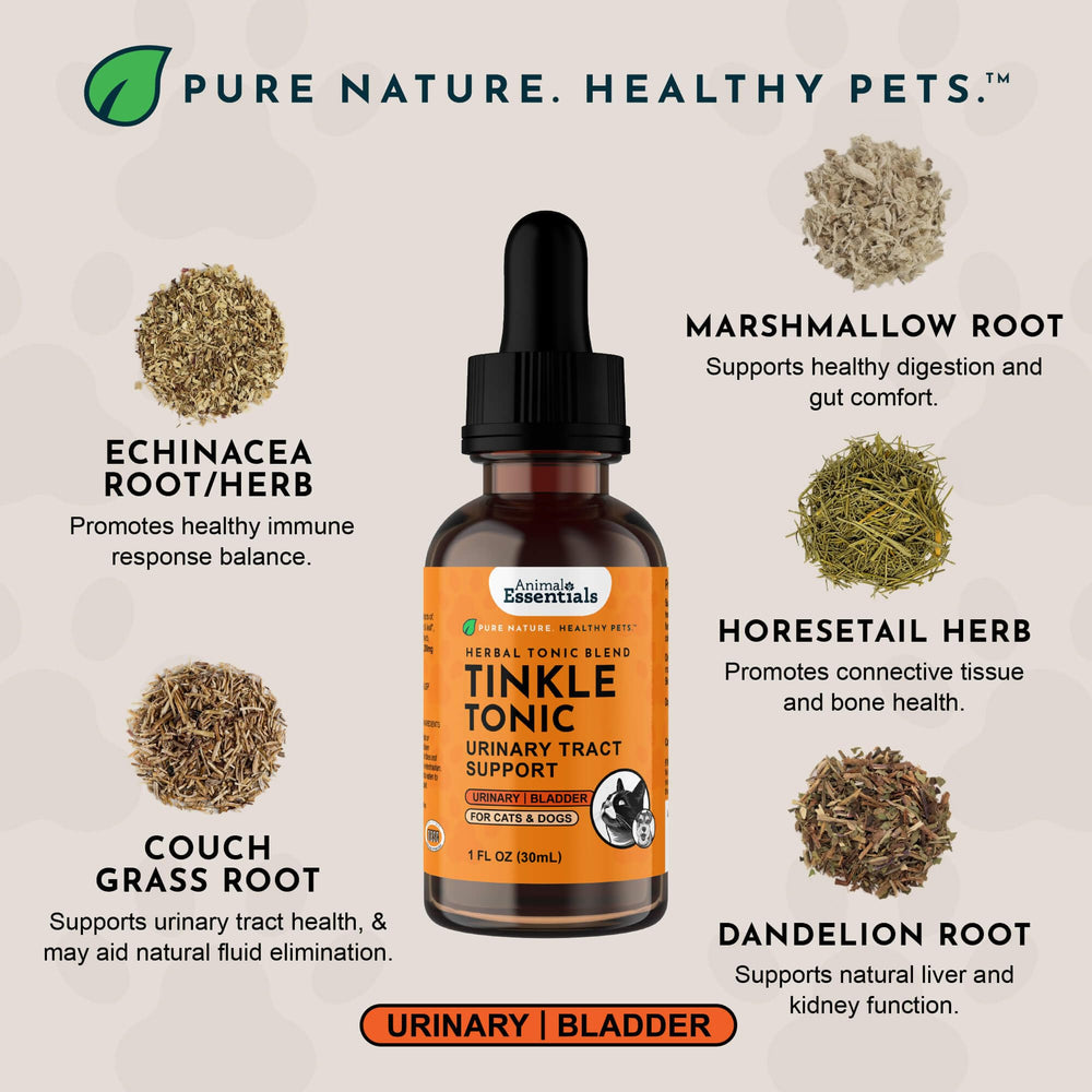 Animal Essentials Tinkle Tonic raíz de malvavisco, ingrediente calmante para mascotas.
