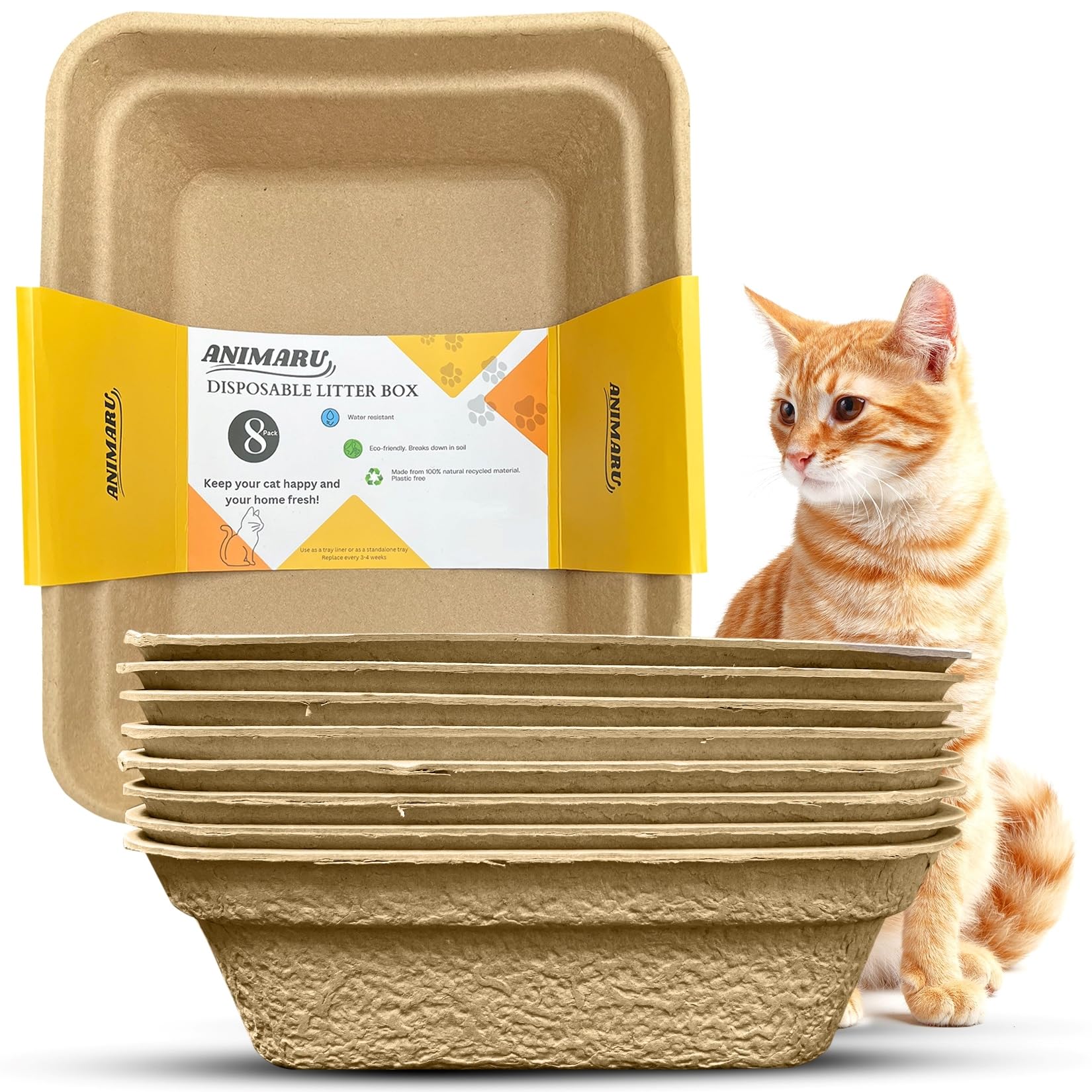 animaru cajas de arena desechables marrón, empaque visible, opción ecológica para casa.