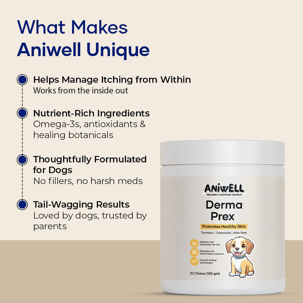 Aniwell DermaPrex favorece piel y pelo saludables en perros.