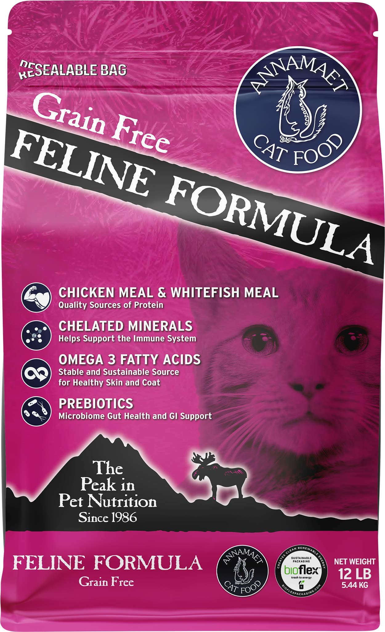 Annamaet alimento seco para gatos sin granos con pollo y pescado, bolsa de 12 lb.