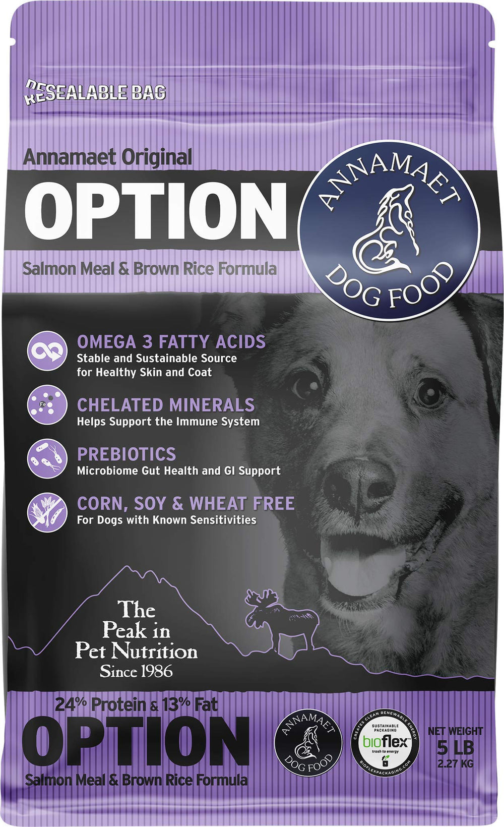 Annamaet Original Option con salmón y arroz, ideal para perros activos.