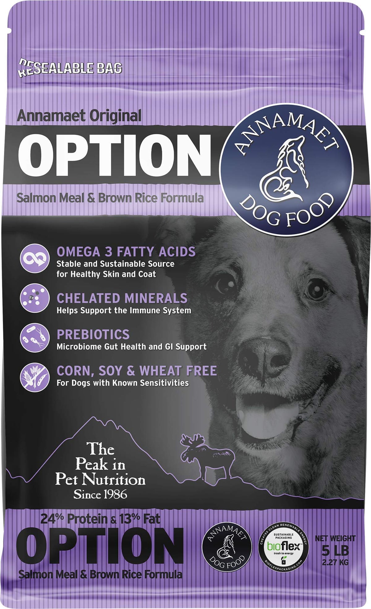 Annamaet Original Option con salmón y arroz, ideal para perros activos.