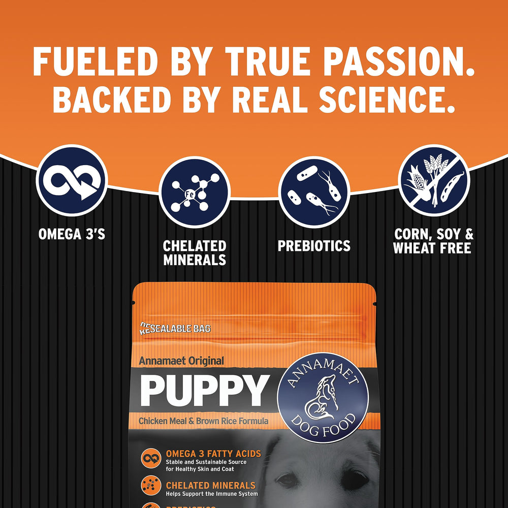 Annamaet Original Puppy, etiqueta-nutricional, datos claros sobre nutrición y DHA.
