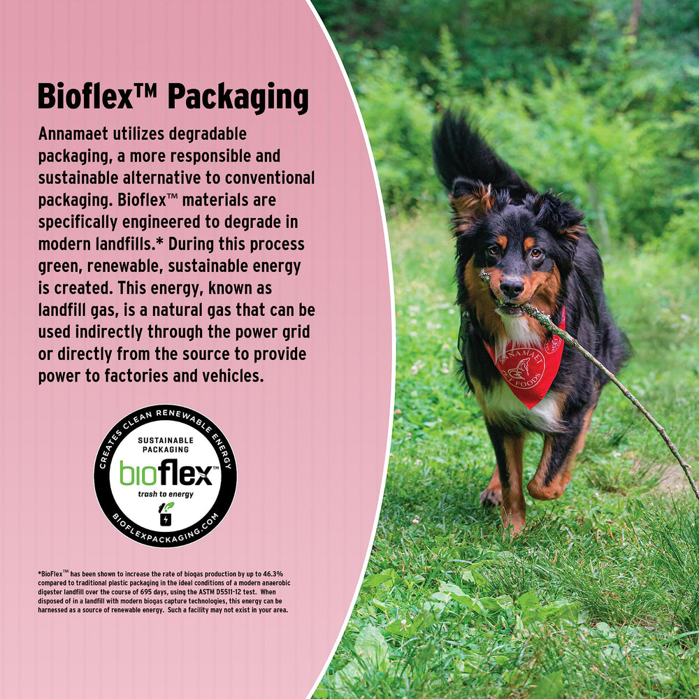 Empaque BioFlex de Annamaet Original, opción más sostenible para perros.