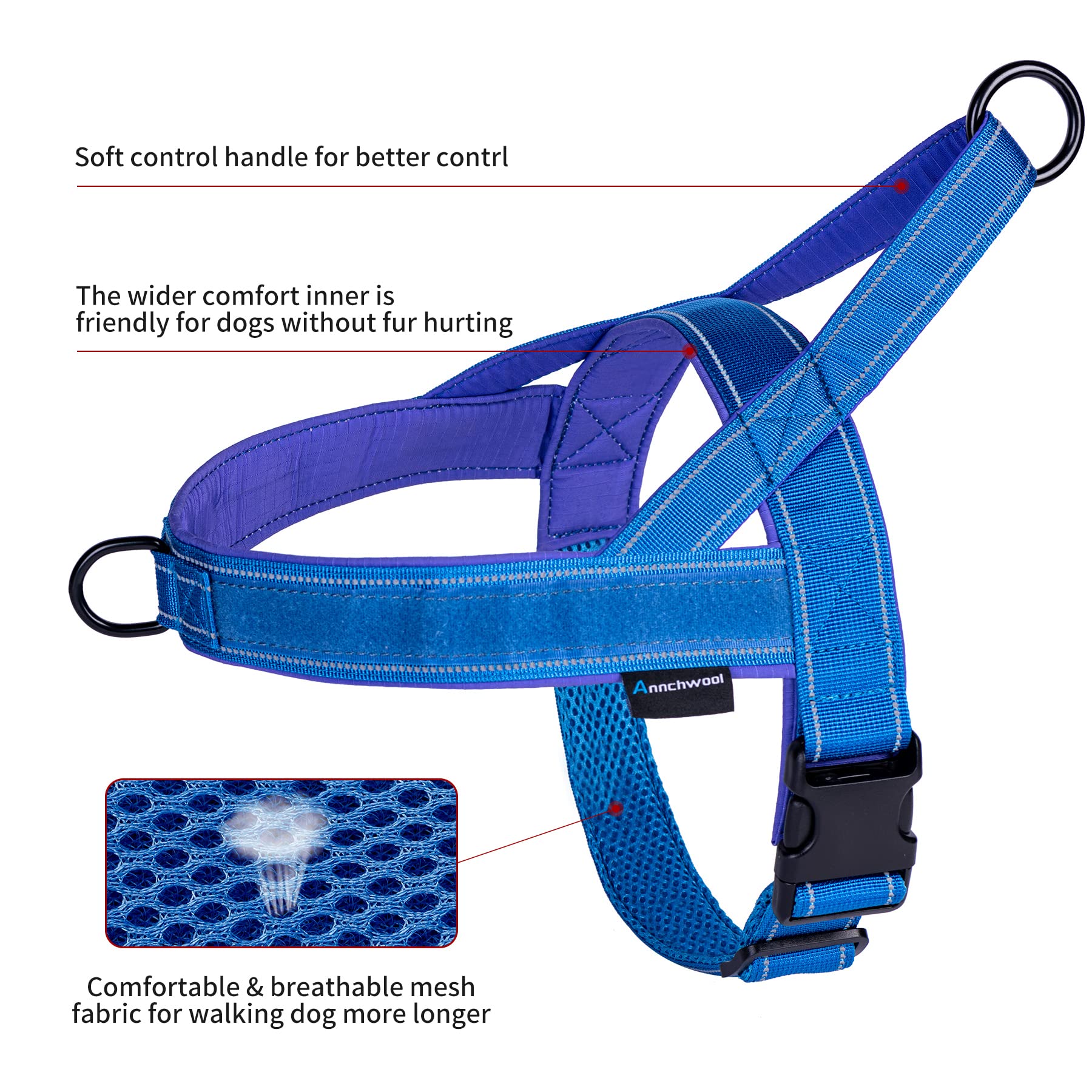 Arnés Annchwool con dos anillos para enganche de correa y accesorios en azul