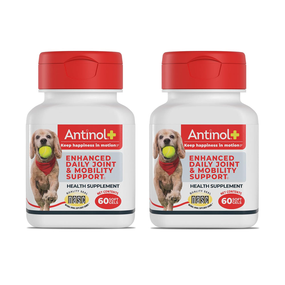 Antinol Plus: bote volcado para mostrar la dosificación diaria y movilidad canina.