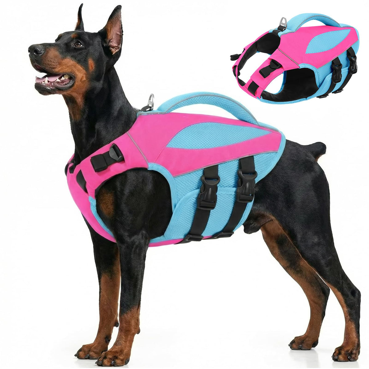 Chaleco salvavidas AOFITEE, vista frontal, mantiene al perro seguro al nadar.