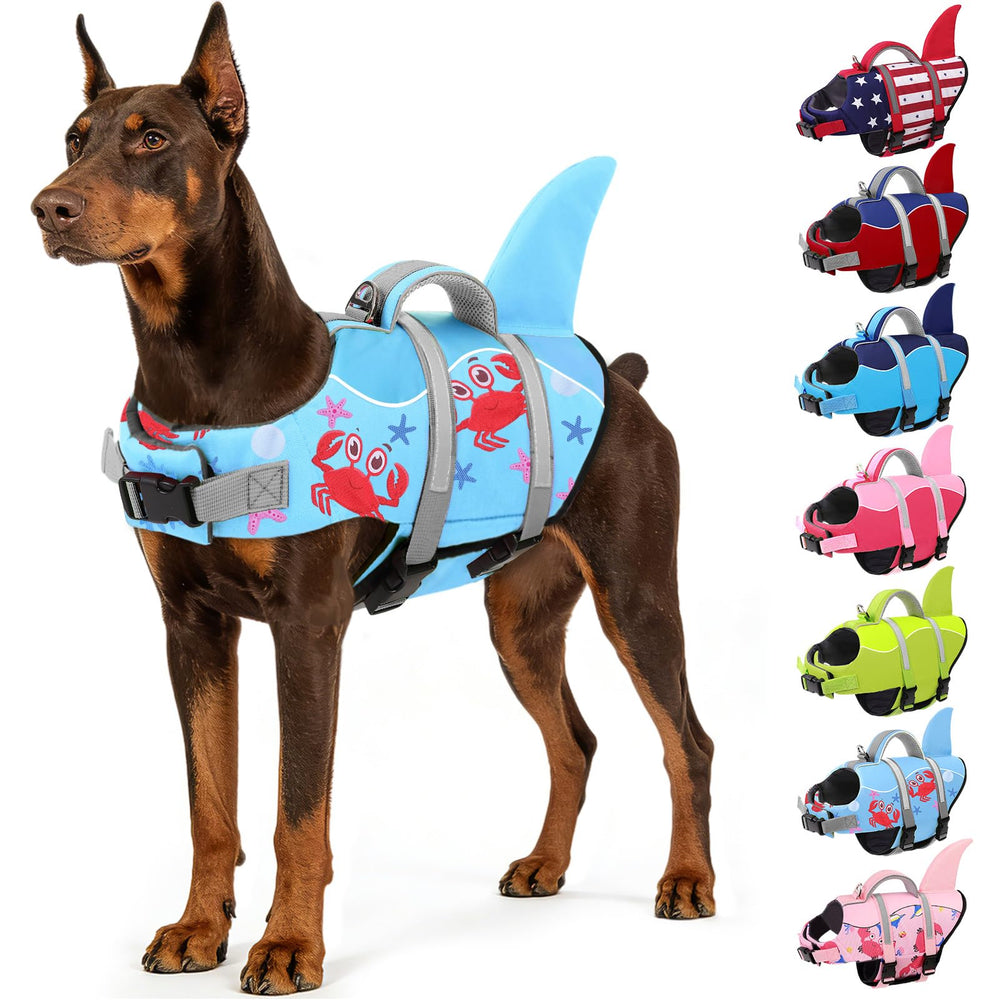 AOFITEE chaqueta salvavidas para perro con tiburón, alta visibilidad durante el nado.
