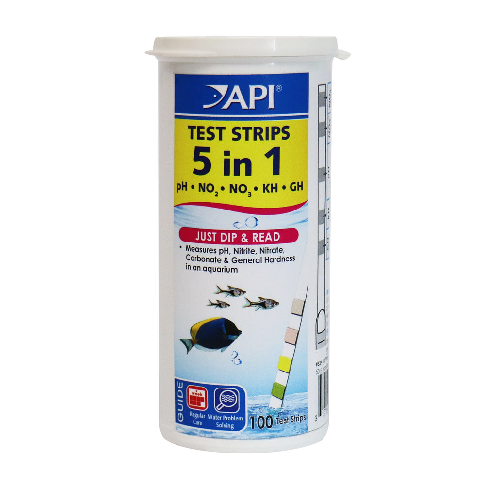 API 5‑en‑1 Tiras de prueba para lectura rápida de pH y dureza del agua del acuario.