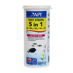 API 5‑en‑1 Tiras de prueba para lectura rápida de pH y dureza del agua del acuario.