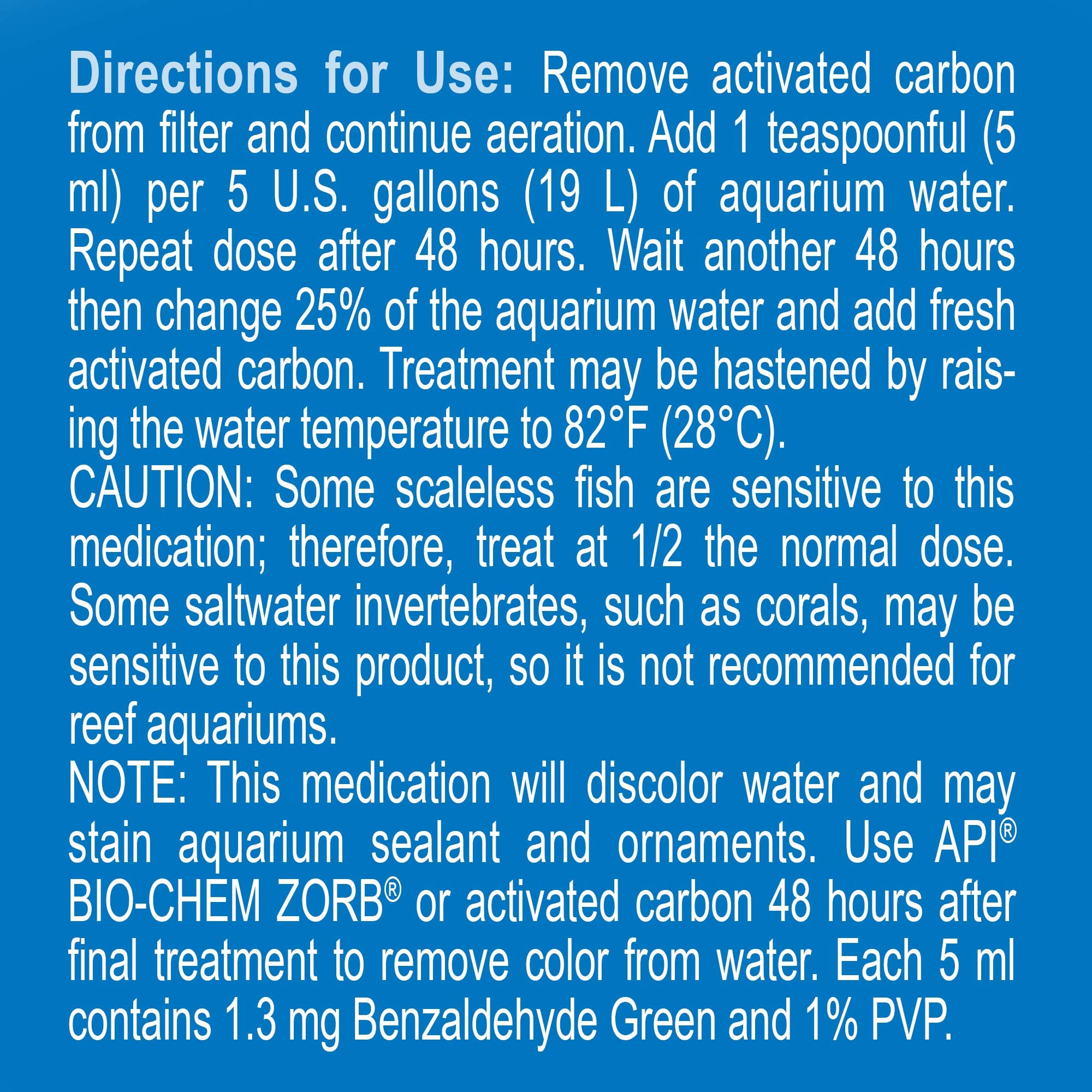 API Liquid Super ICK Cure - precaución para corales e invertebrados, evitar uso en acuarios con invertebrados.