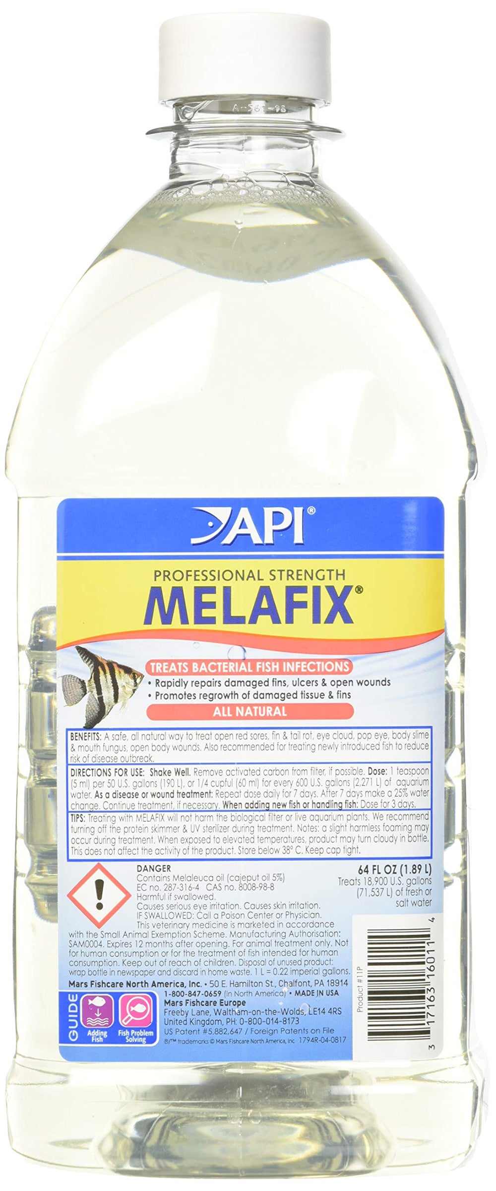 Botella de Melafix de alto rendimiento 64oz para cuidado suave de peces en acuario.