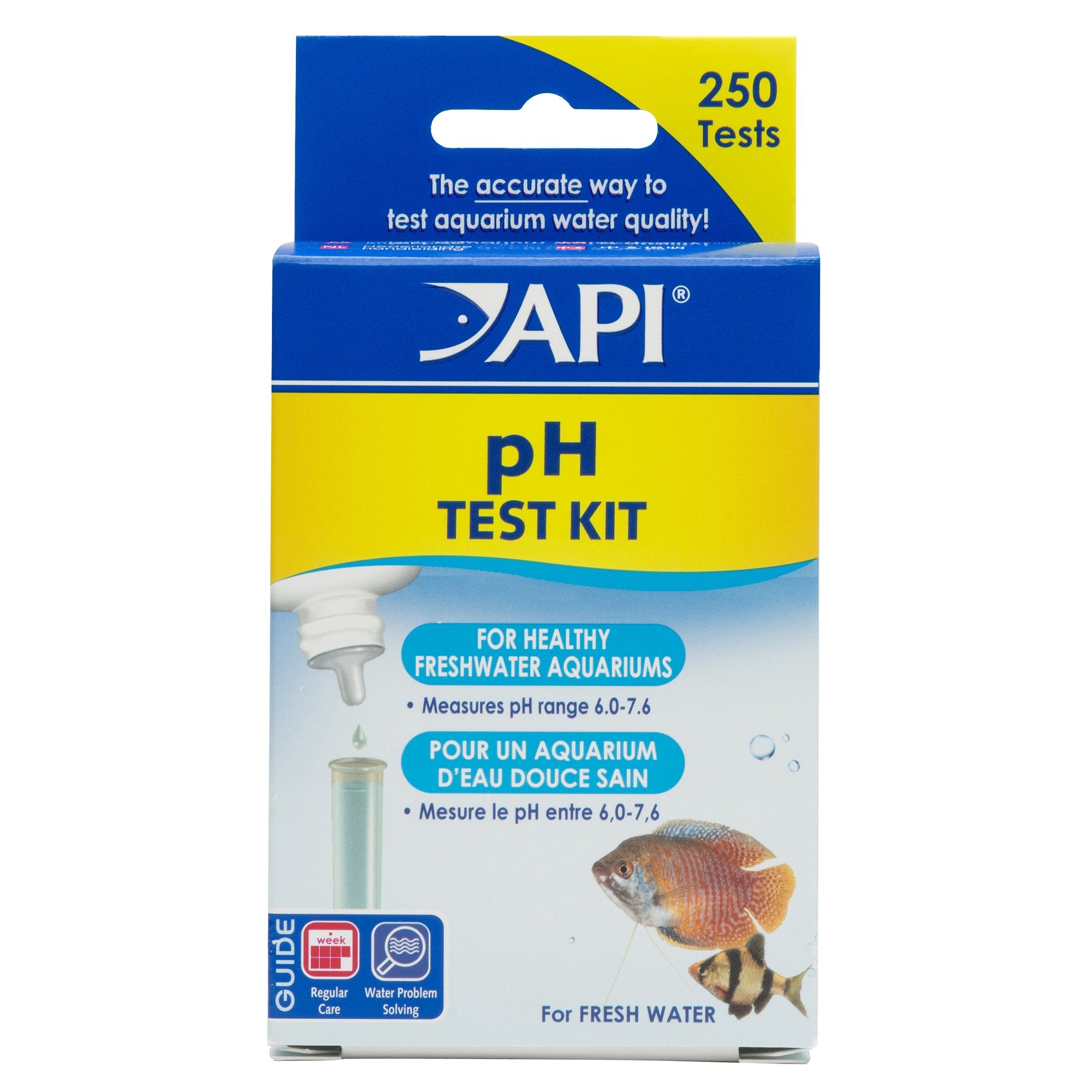 API PH TEST KIT 250 con contenido completo para pruebas de pH en acuario.