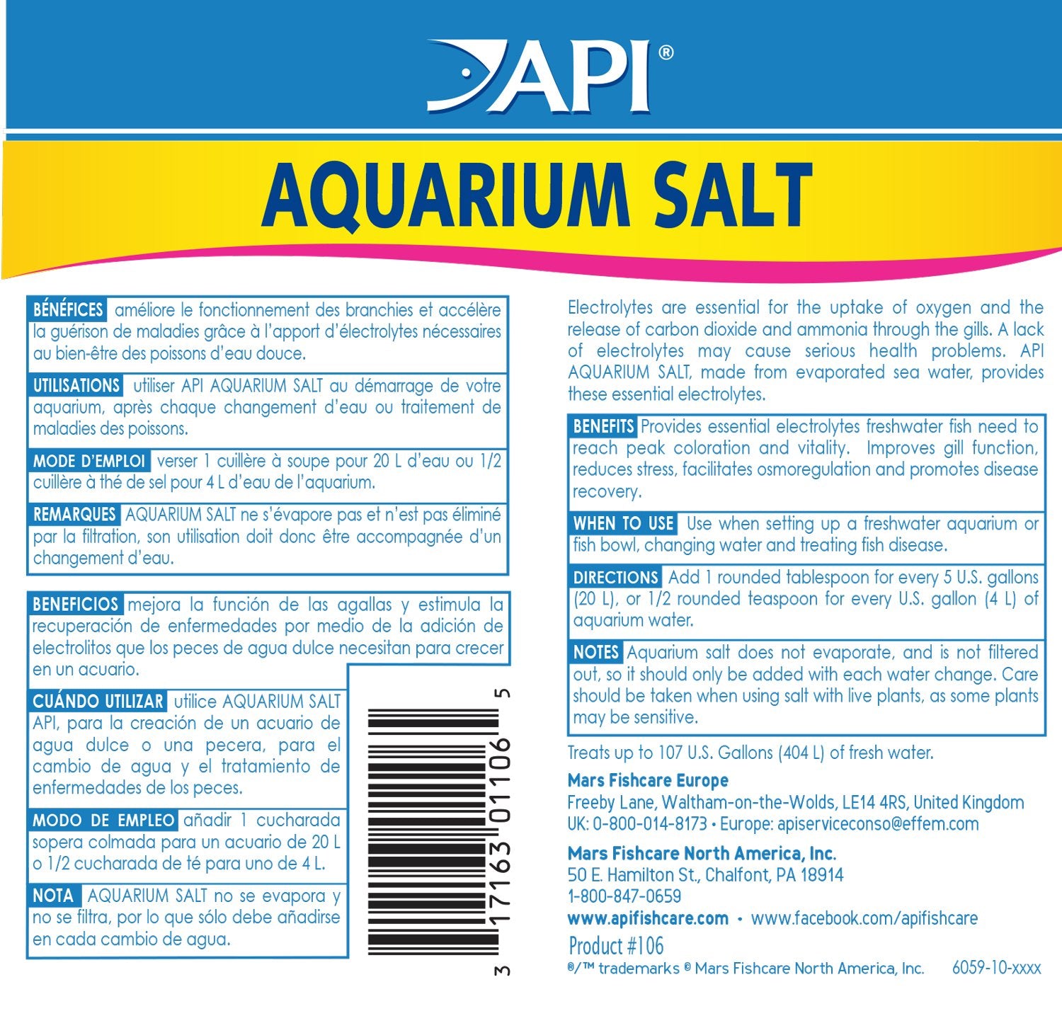 API sal natural de acuario electrolitos para bienestar de los peces