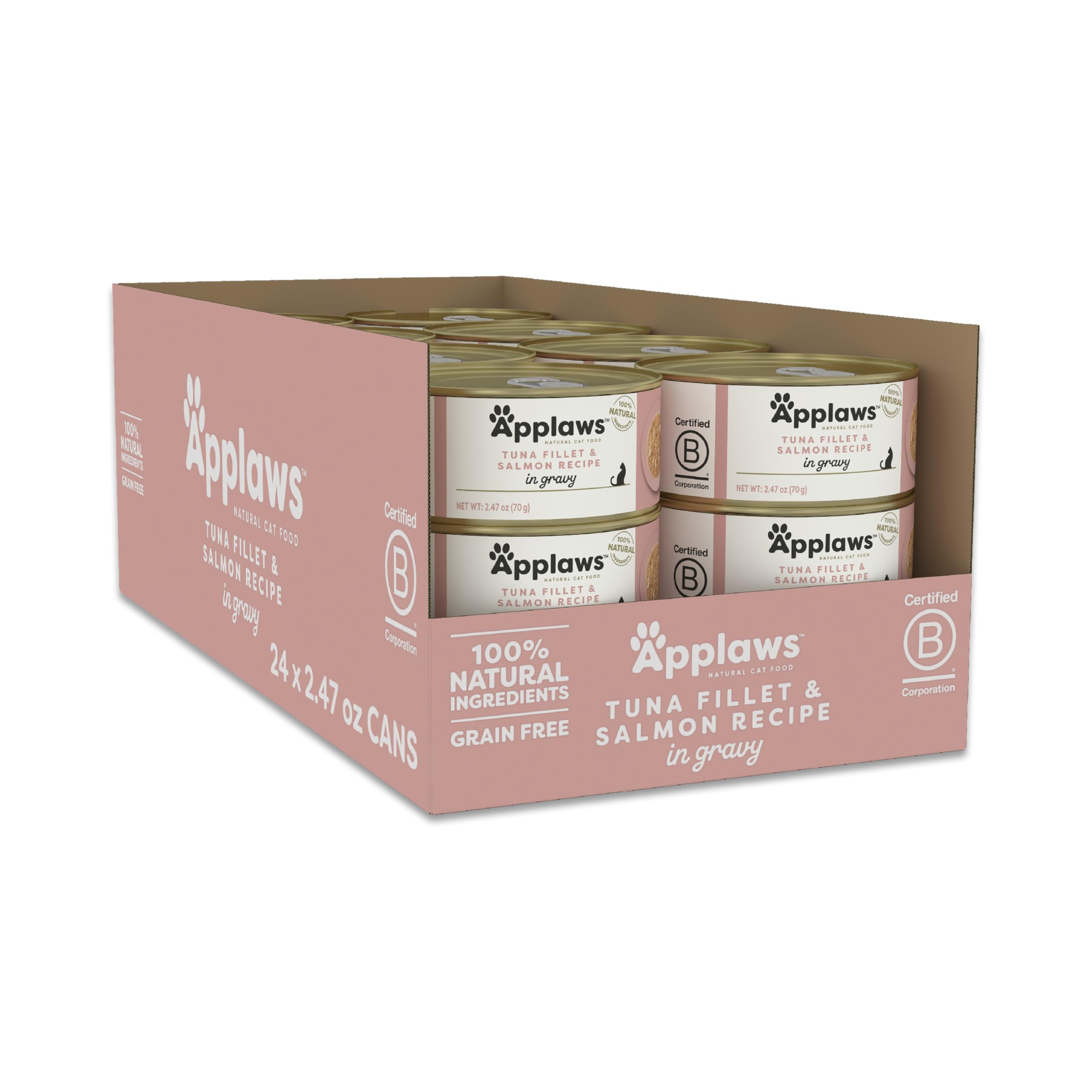 Applaws comida húmeda para gatos, lata de atún y salmón en salsa, ideal para hidratación.