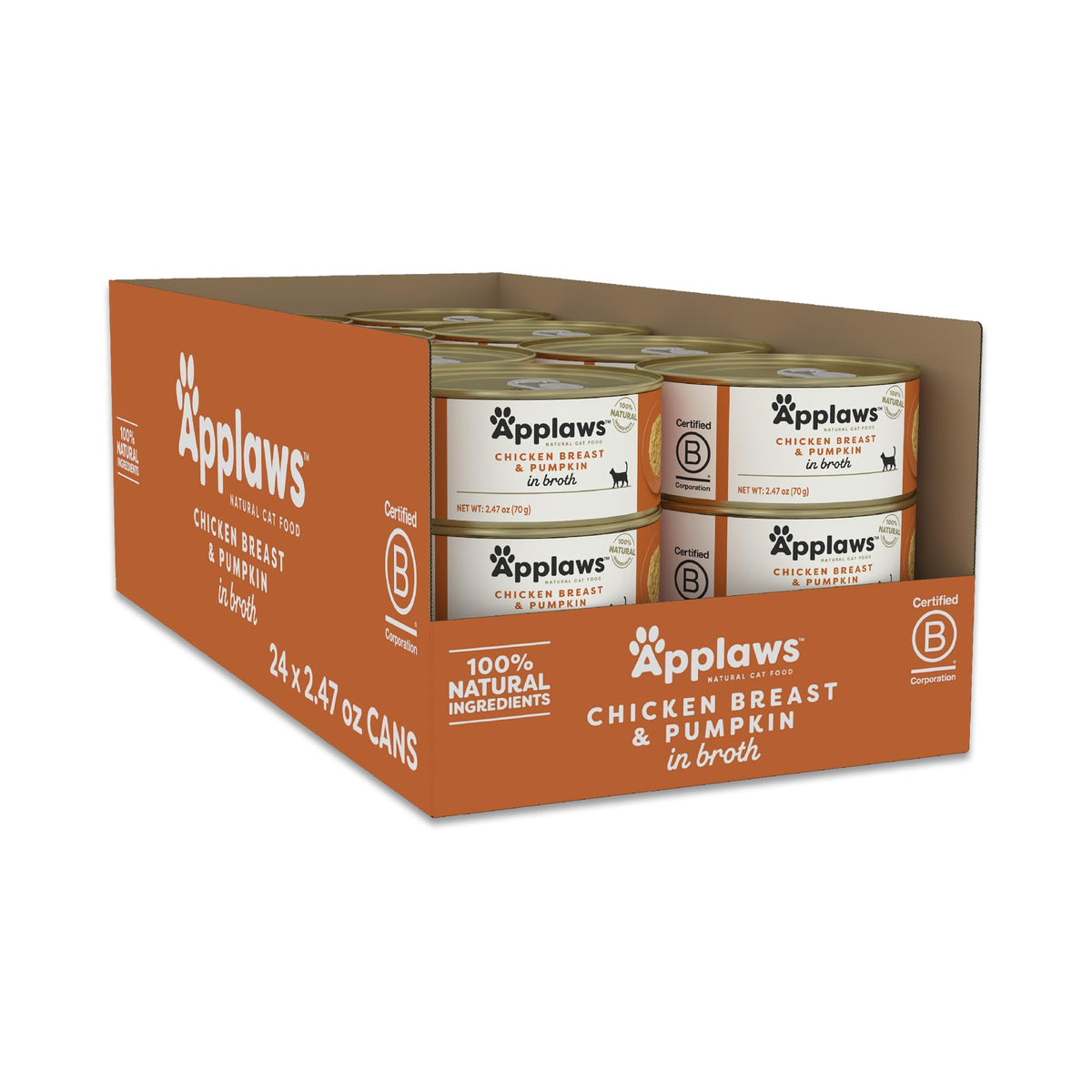 Applaws lata para gatos con pollo y calabaza en caldo, sabor natural.