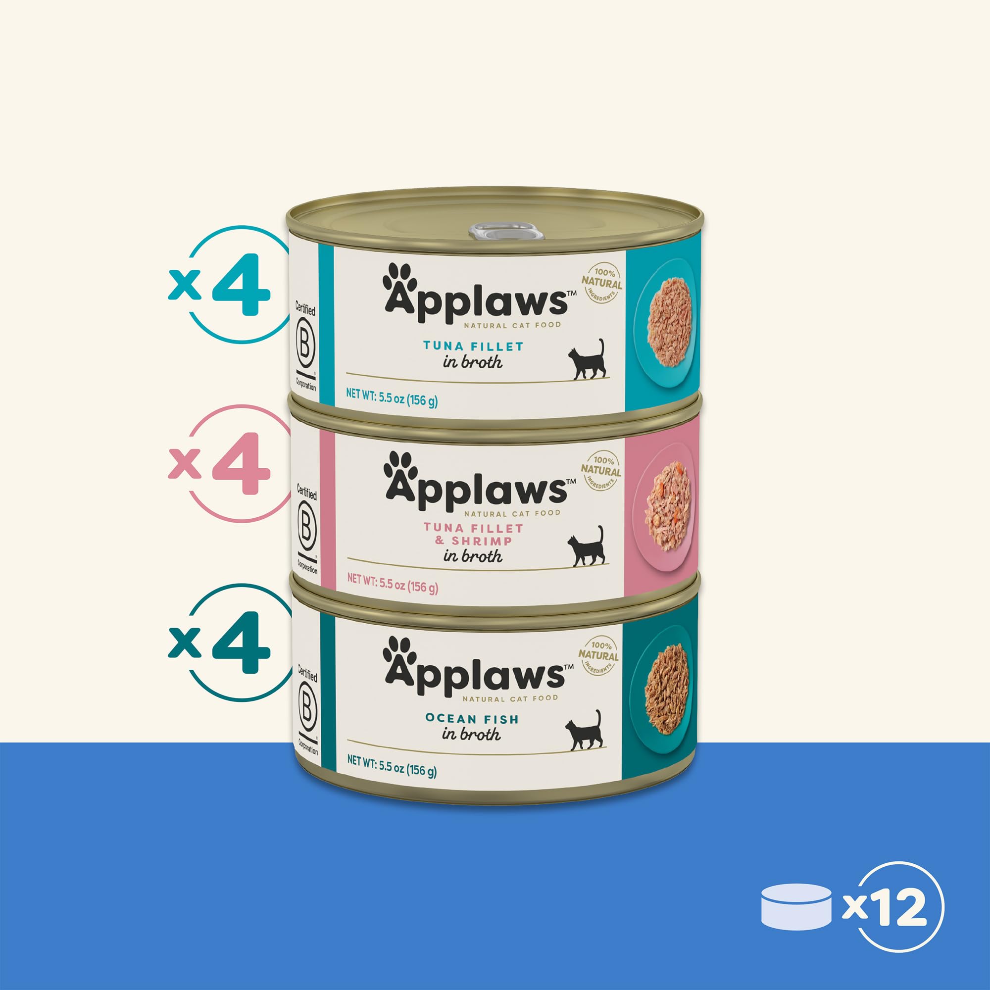Applaws pack de 12 latas, ideal para variedad y conveniencia.