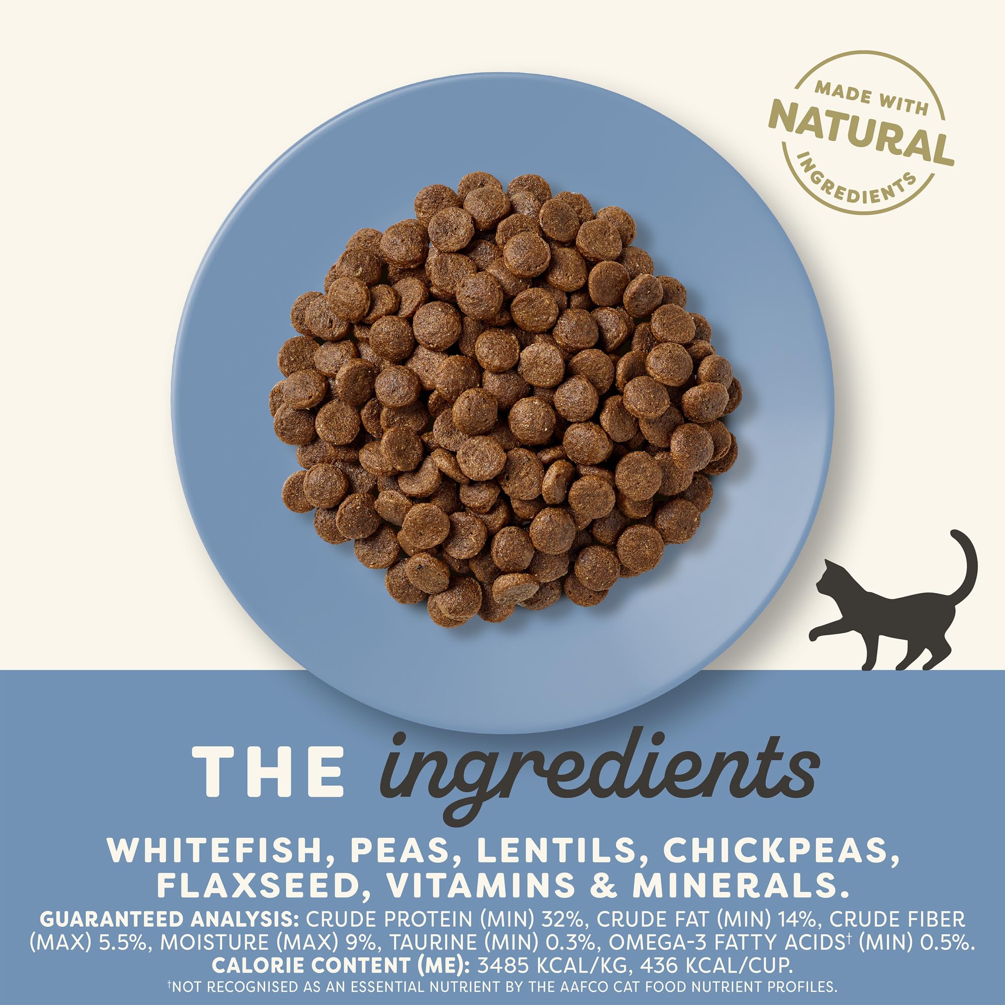 Detalle de proteína alta y fórmula con ingredientes limitados para gatos.